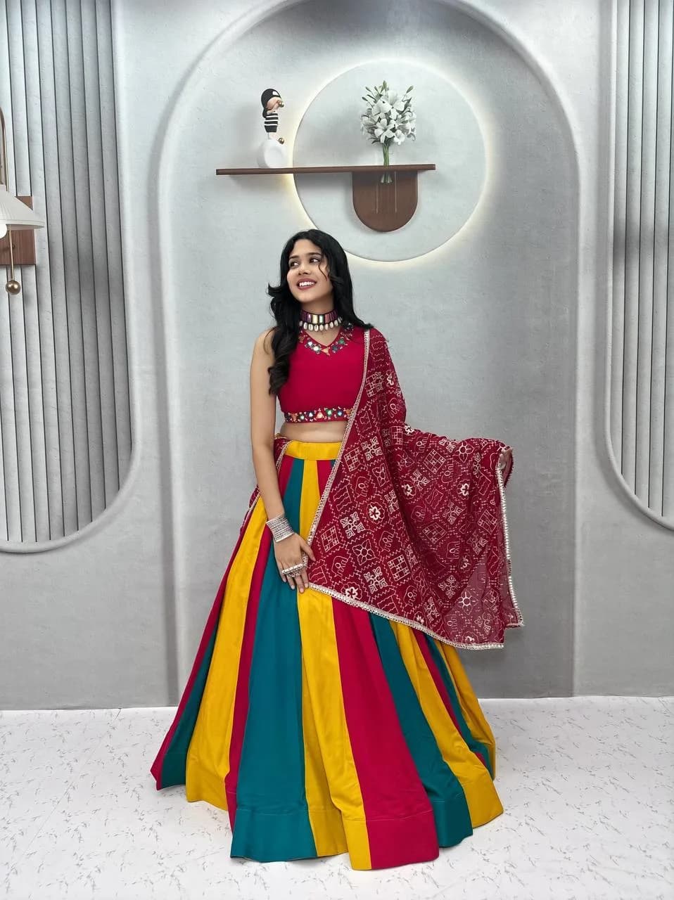 Multi Color Kali Navratri Special Lehenga Choli Set With Heavy Embroidery Dupatta