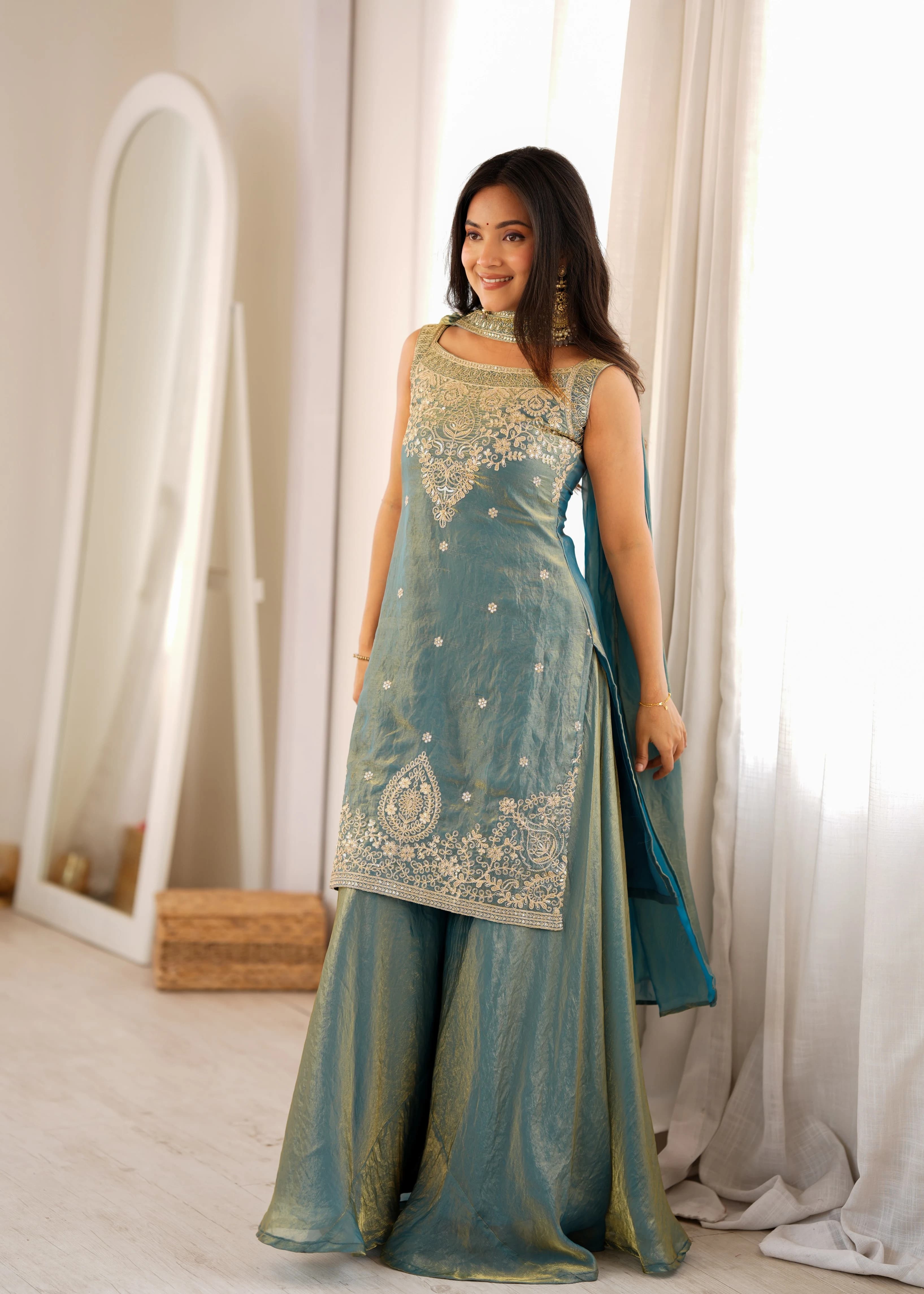 Embroidered Kurta Sharara Set with Belt Dupatta