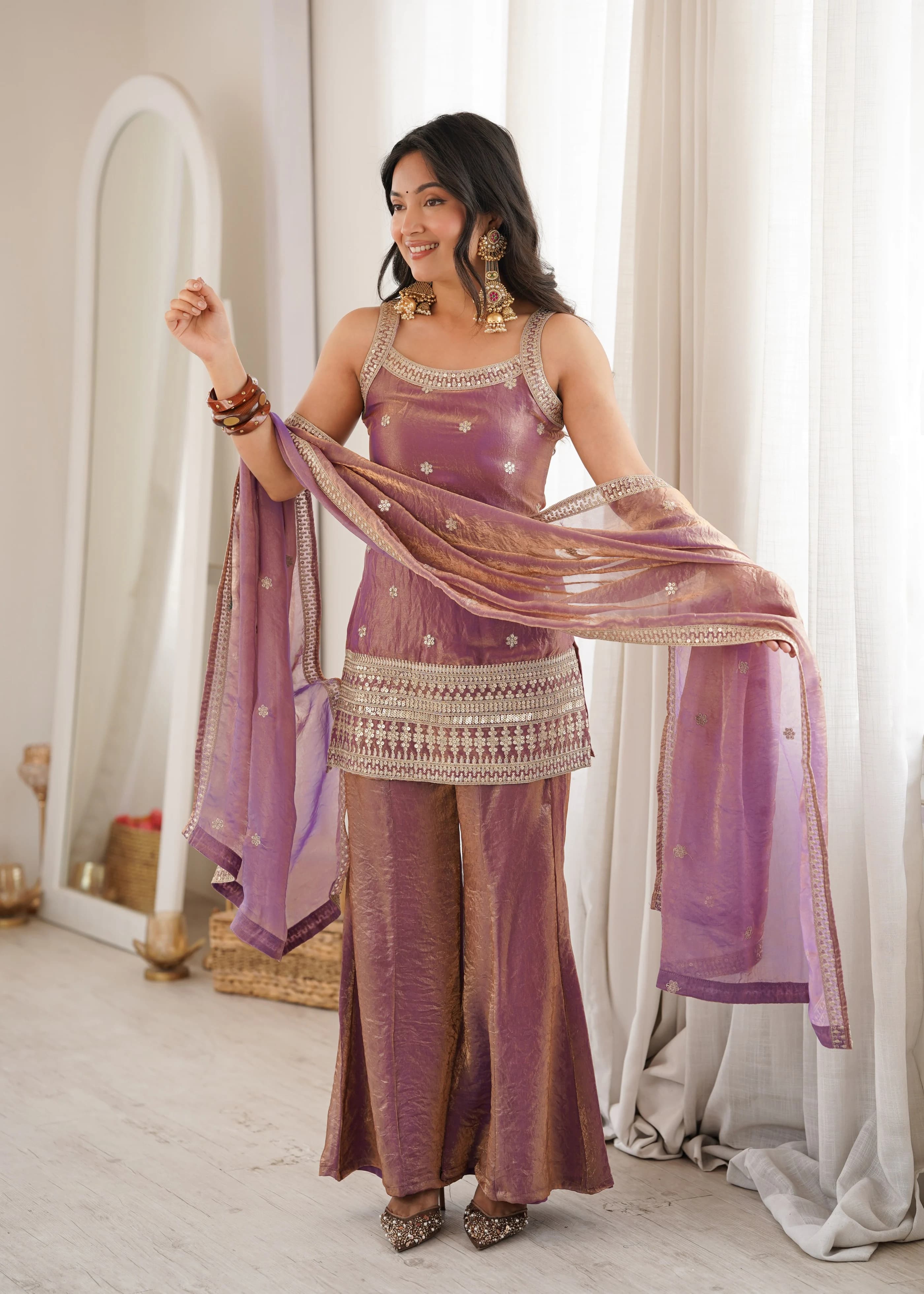 Frendy Silk Embroidery Sequence Jari Work Kurta Bell Bottom Pant Set With Dupatta