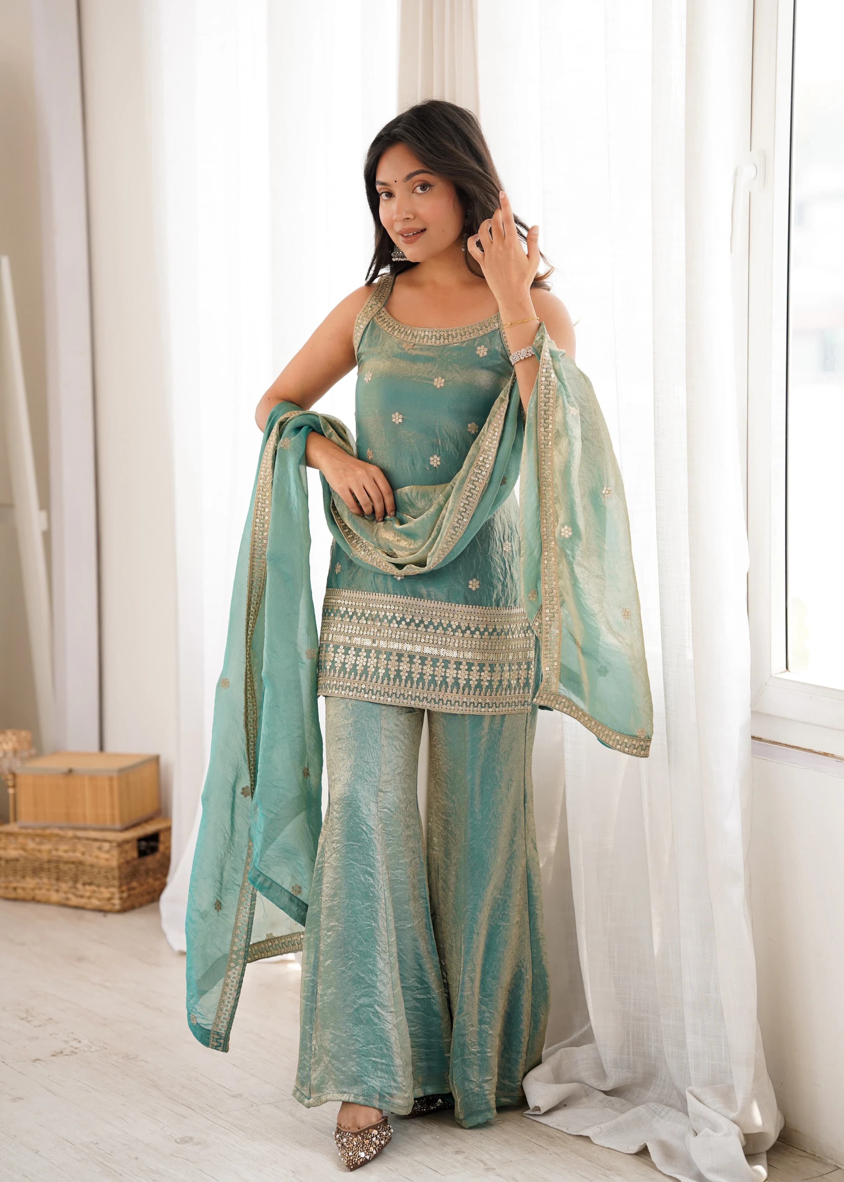 Frendy Silk Embroidery Sequence Jari Work Kurta Bell Bottom Pant Set With Dupatta