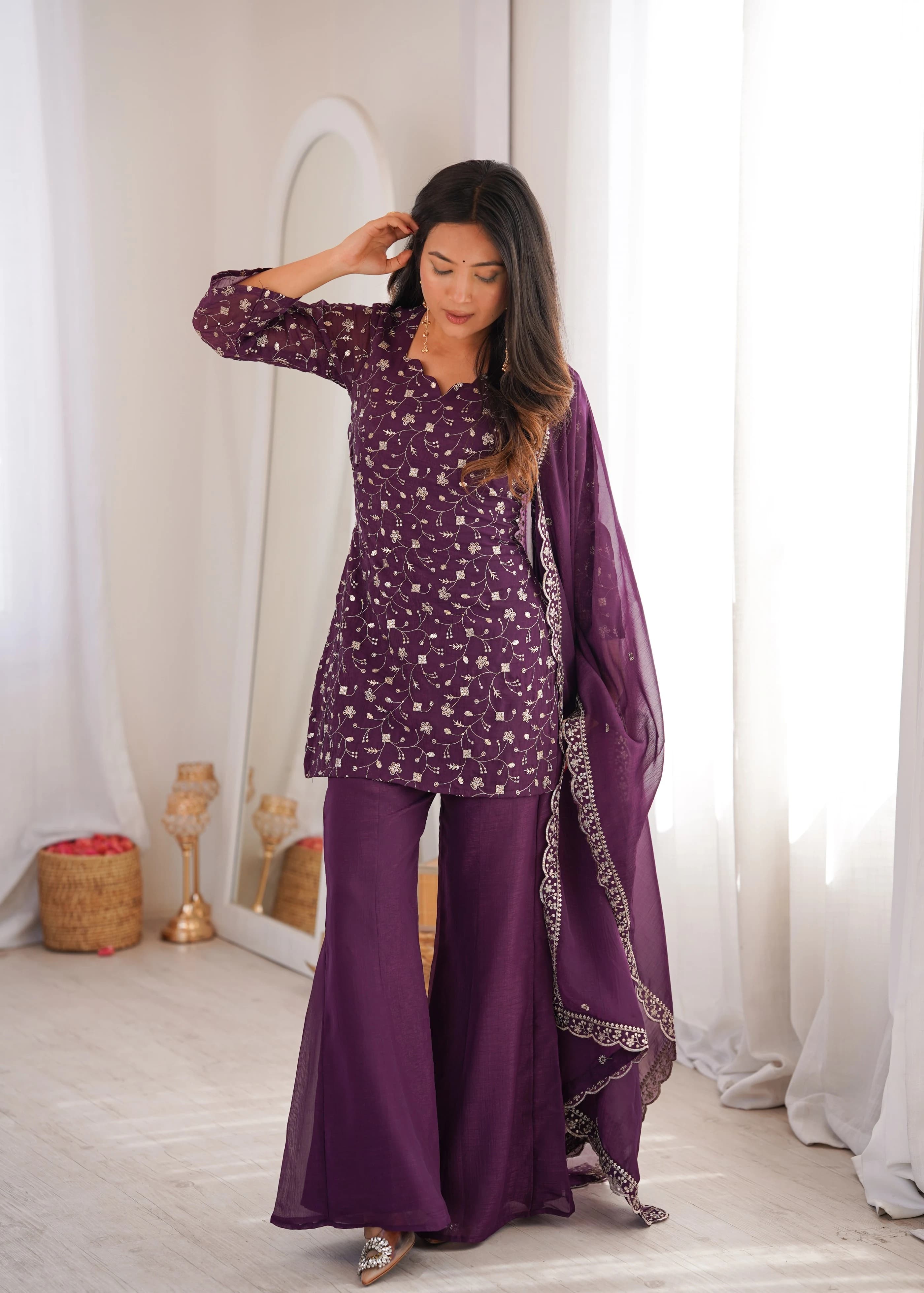 Crunchy Silk Embroidery Sequence Jari Work Kurta Bell Bottom Pant Set With Dupatta