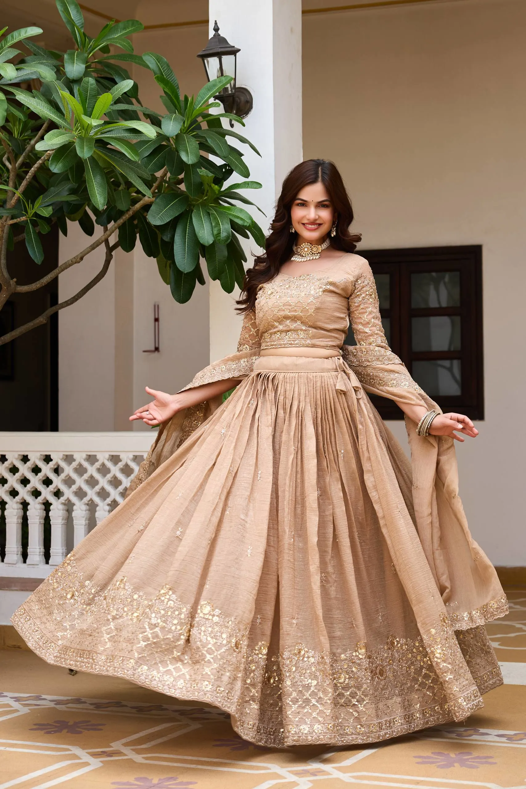 Pure Crunchy Silk Lehenga Choli Set With Embroidery Sequence Work Dupatta