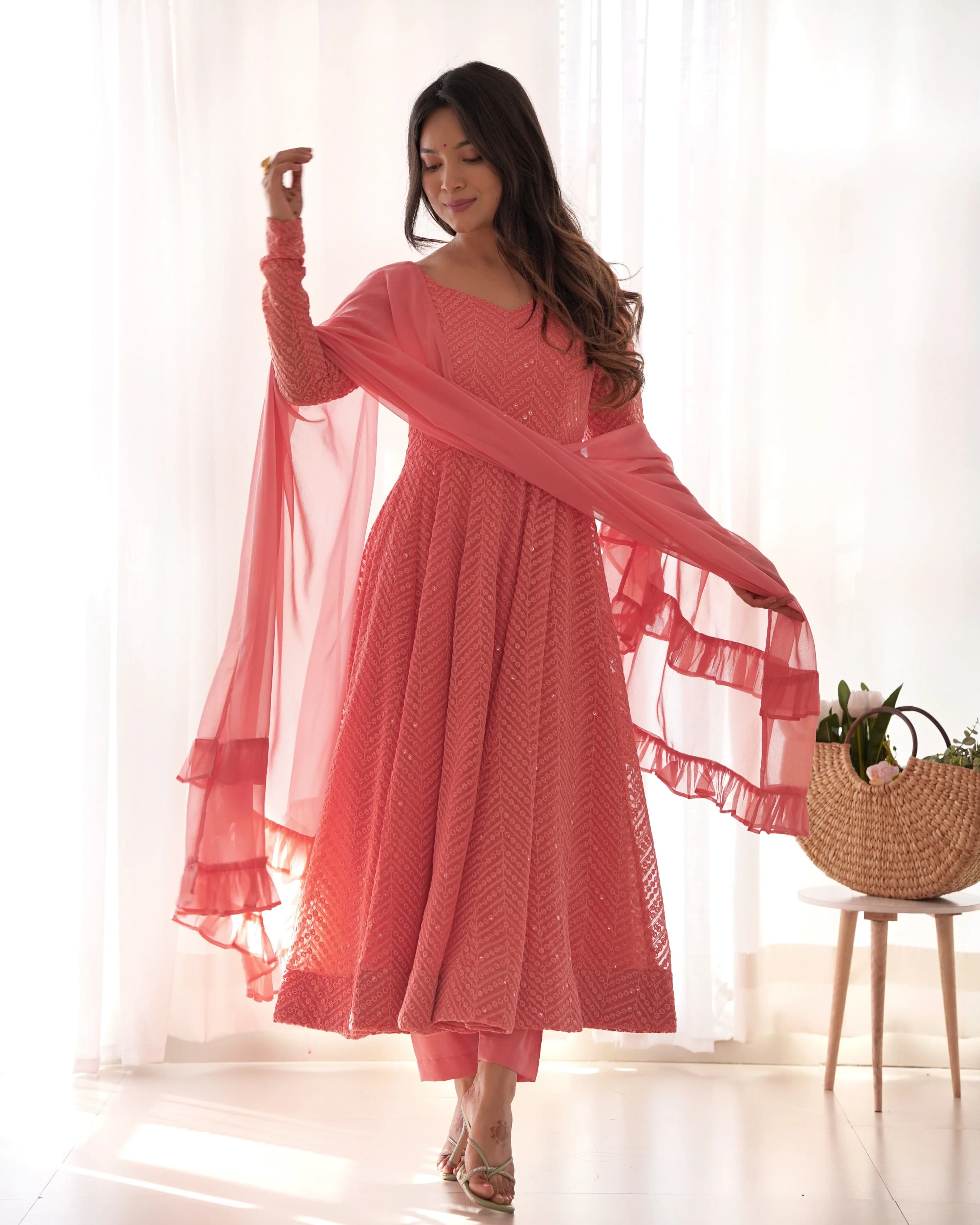 Pure Fox Georgette Lucknowi Work Anarkali Gown Pant Set With Ruffle Style Dupatta