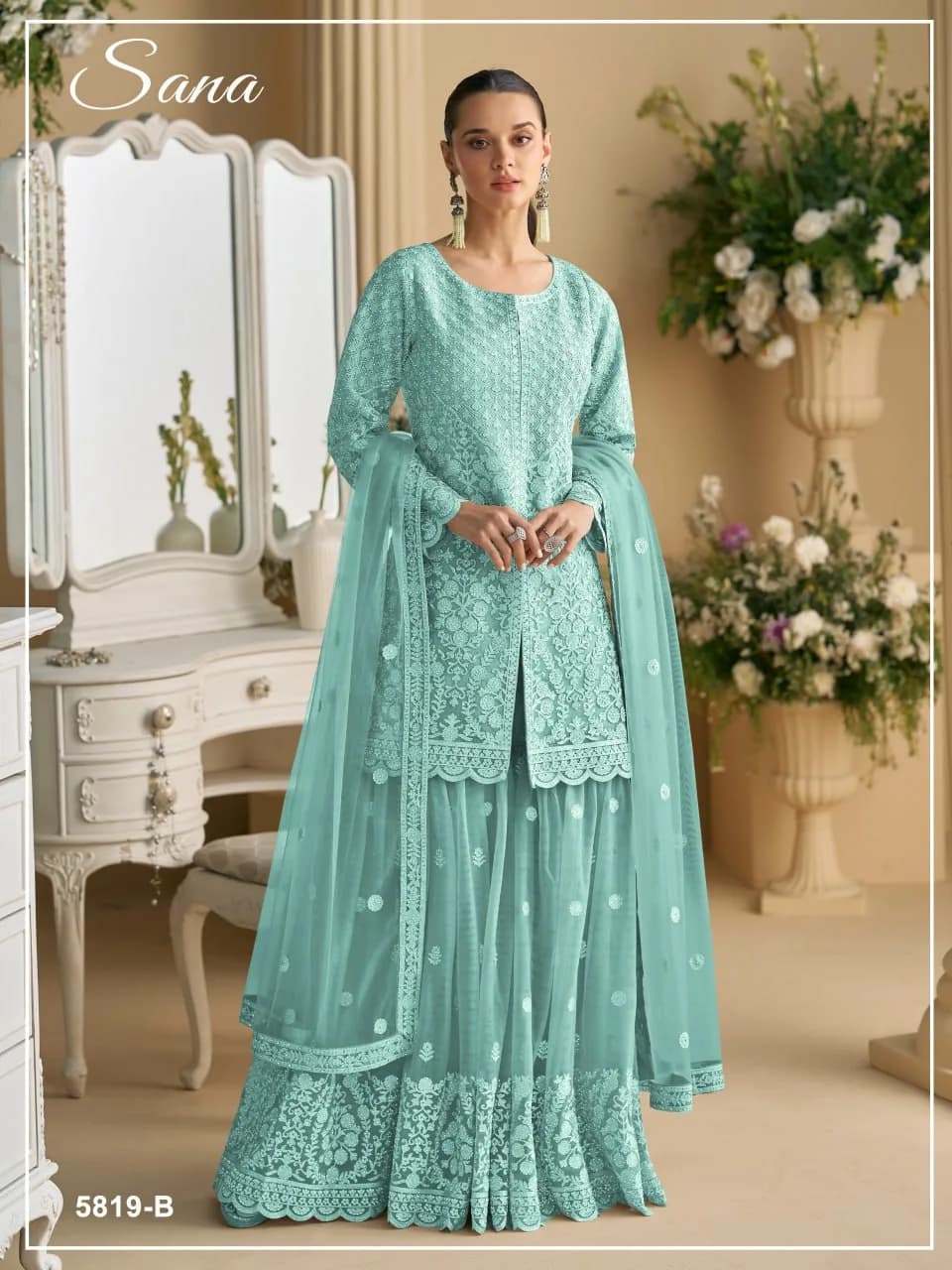 Designer Multi Thread Jari Embroidery Heavy Net Silk Kurti Plazzo With Chain Sequence Work Attached Crepe Inner Dupatta Set