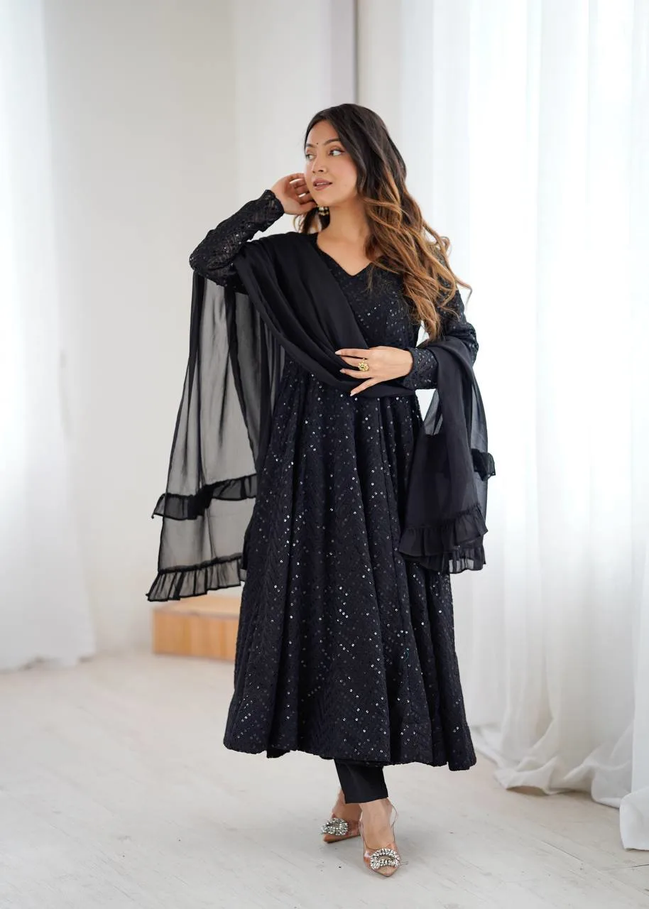 Pure Fox Georgette Lucknowi Work Anarkali Gown Pant Set With Ruffle Style Dupatta
