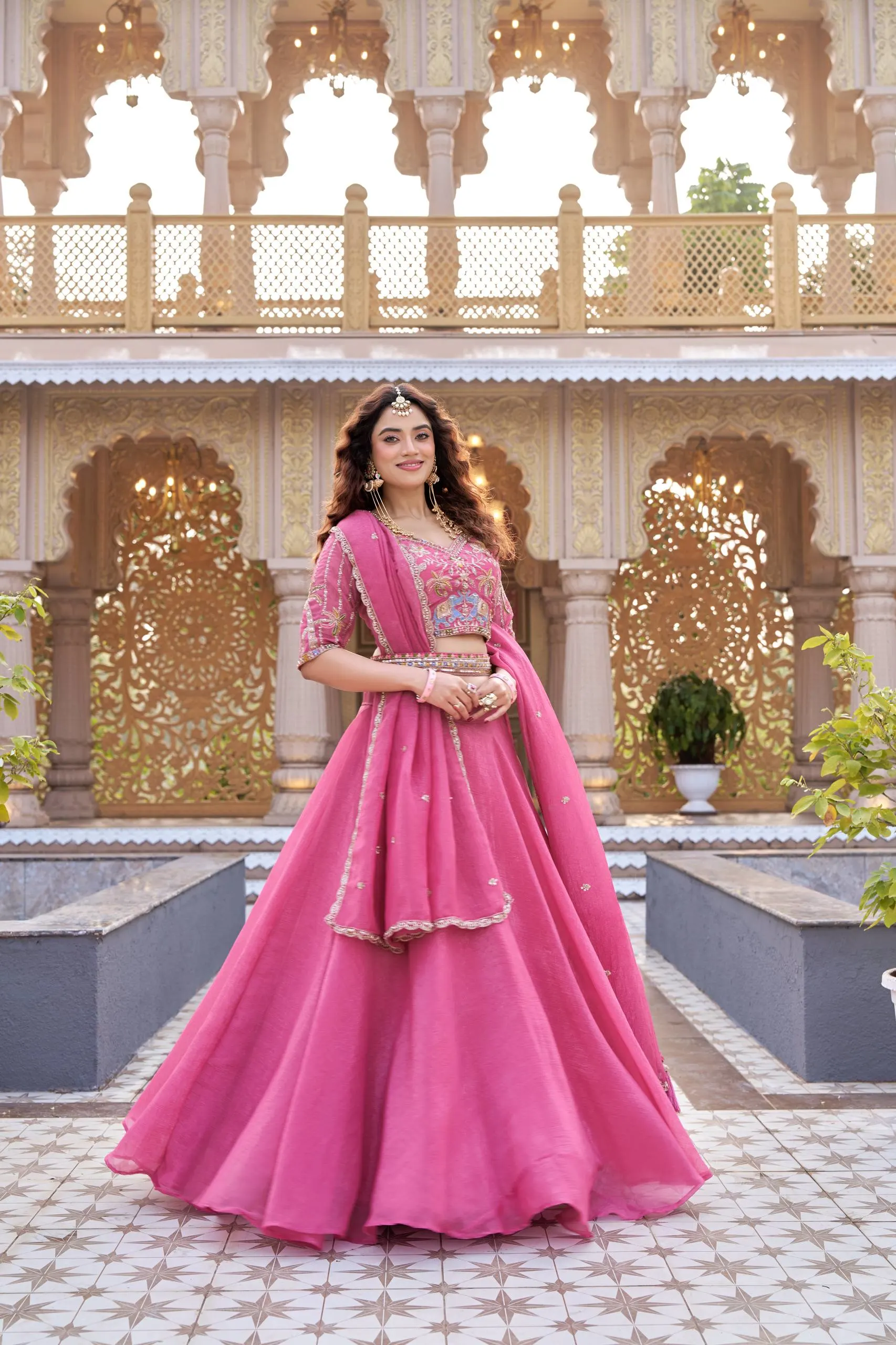 Designer Pure Crunchy Silk Lehenga Choli With Heavy Moti Embroidery Sequence Work And Cancan Attached Dupatta Set