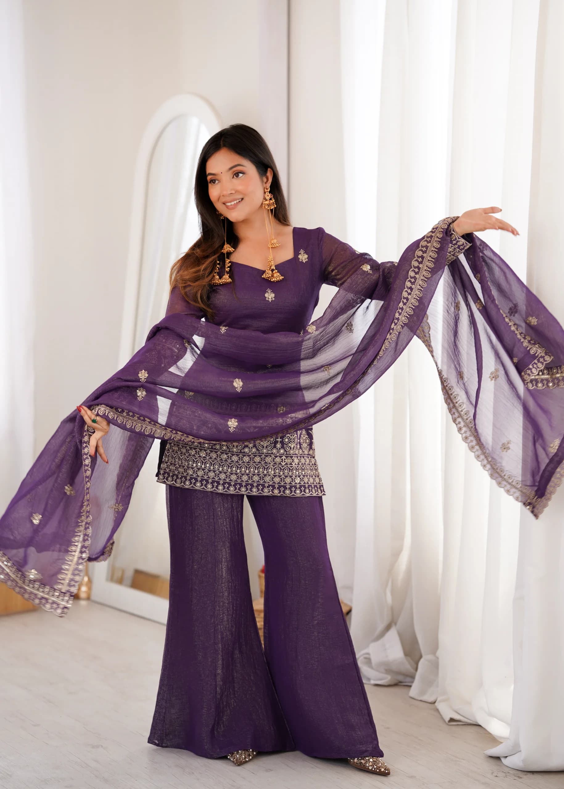 Mauve Purple Crunchy Silk Embroidery Sequence Jari Work Kurta Bell Bottom Pant Set With Dupatta