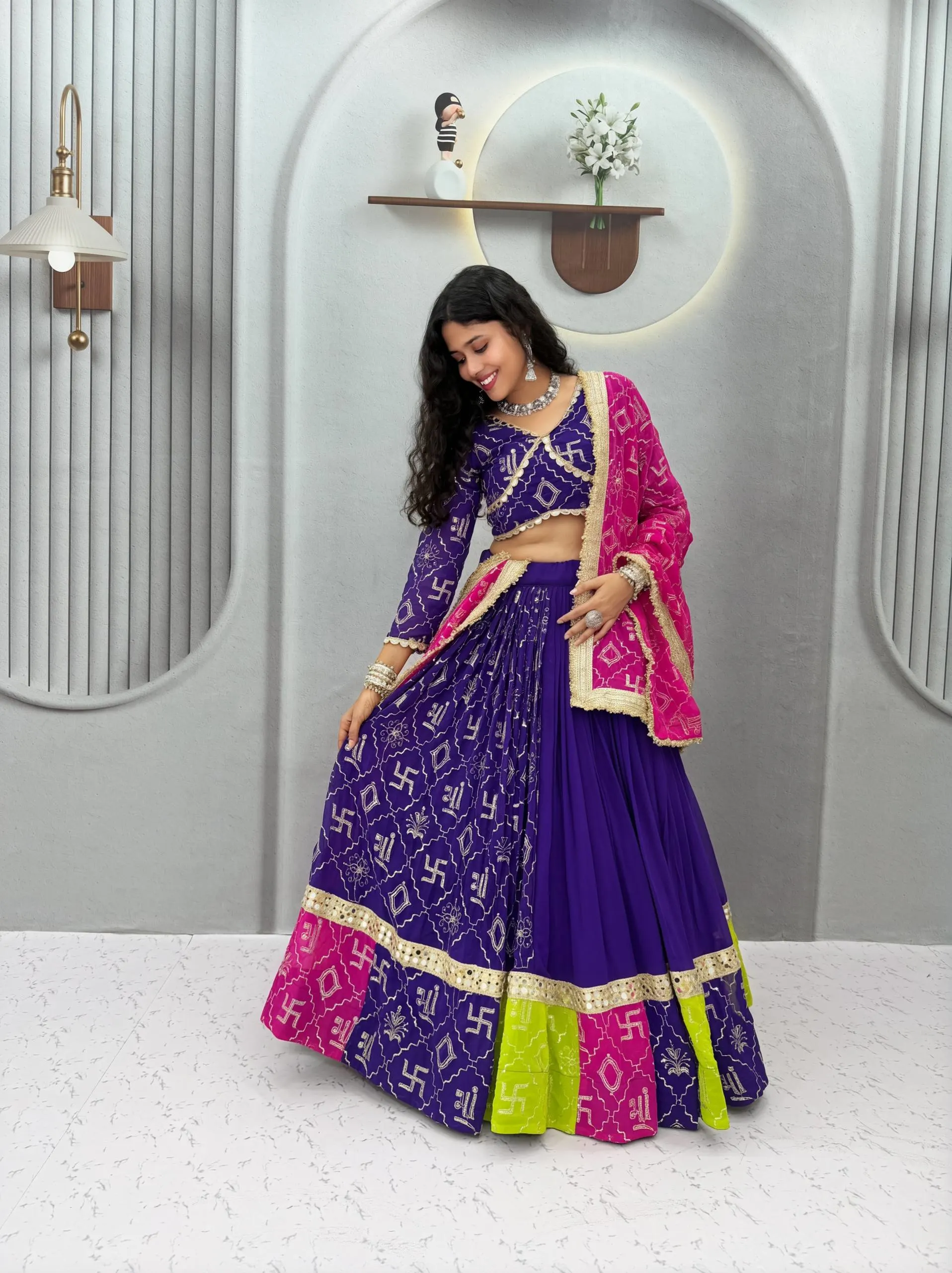 Fox Georgette Mirror Work Lehenga Choli With Sequence Dupatta Set
