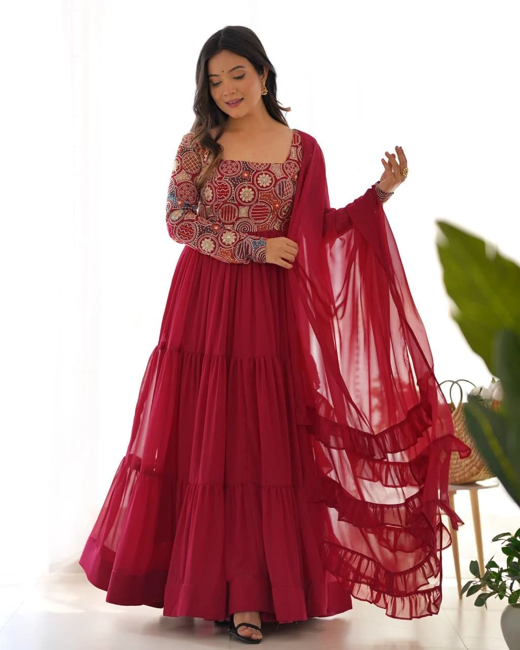 Maroon Fox Georgette Embroidery Anarkali Gown Pant Set With Ruffle Dupatta