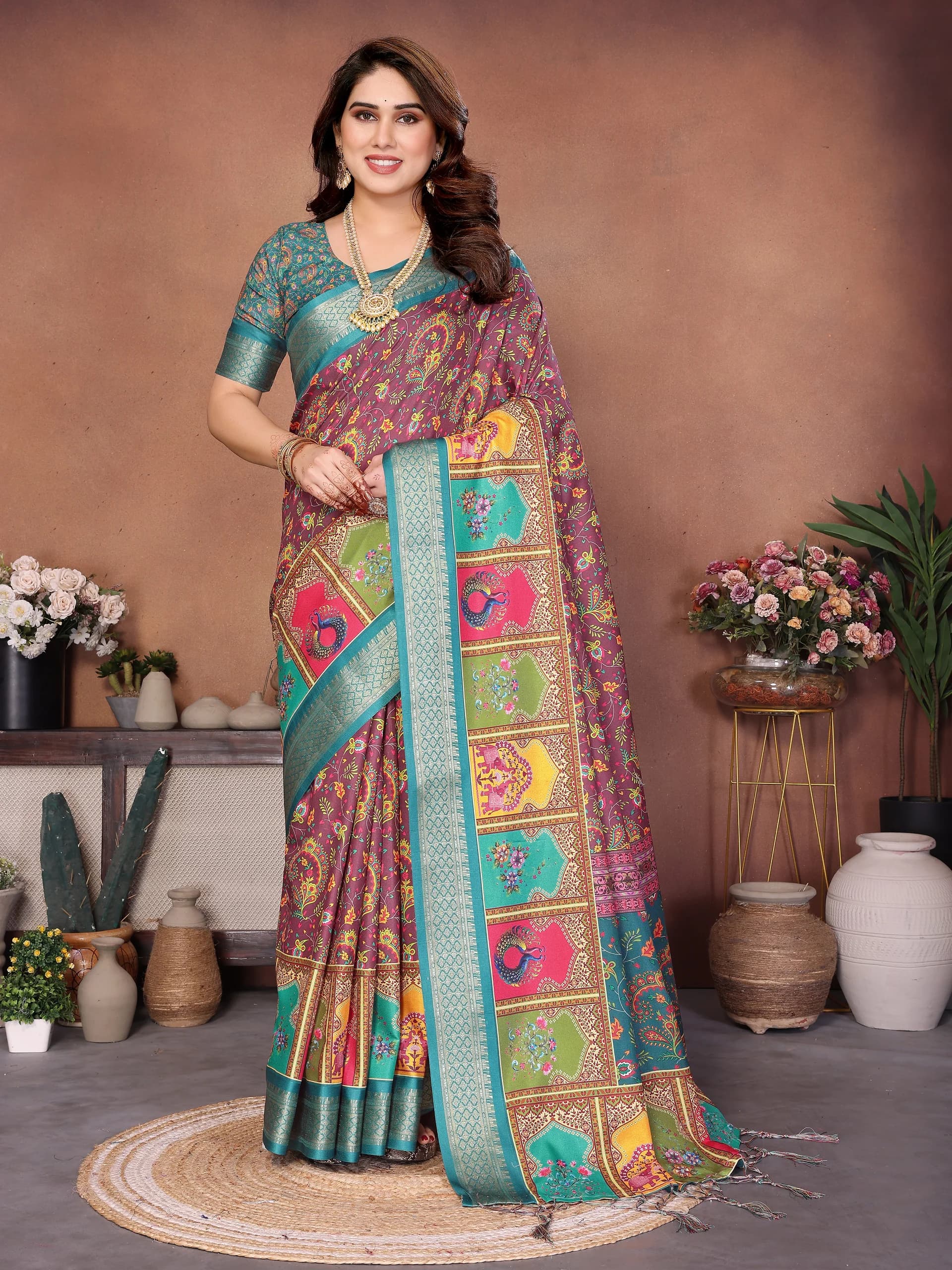 Heavy Rich Cotton Silk Digital Print Saree With Jacquard Heavy Border And Unstitched Blouse Piece Festival Wear For Women