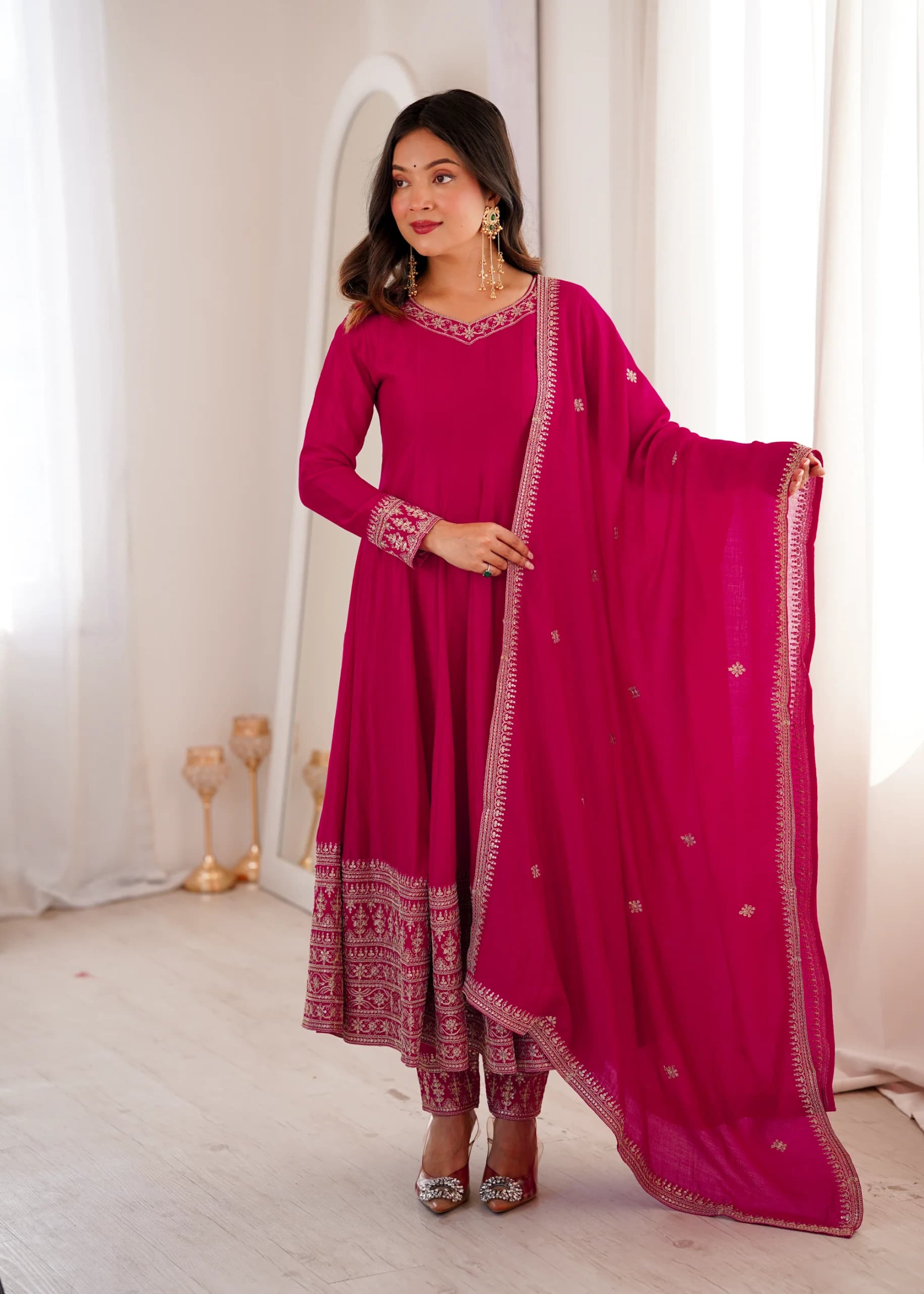 Elegant Magenta Pink Anarkali Gown Pant Set with Fancy Embroidery Lace Border Dupatta Ethnic Wear for Women
