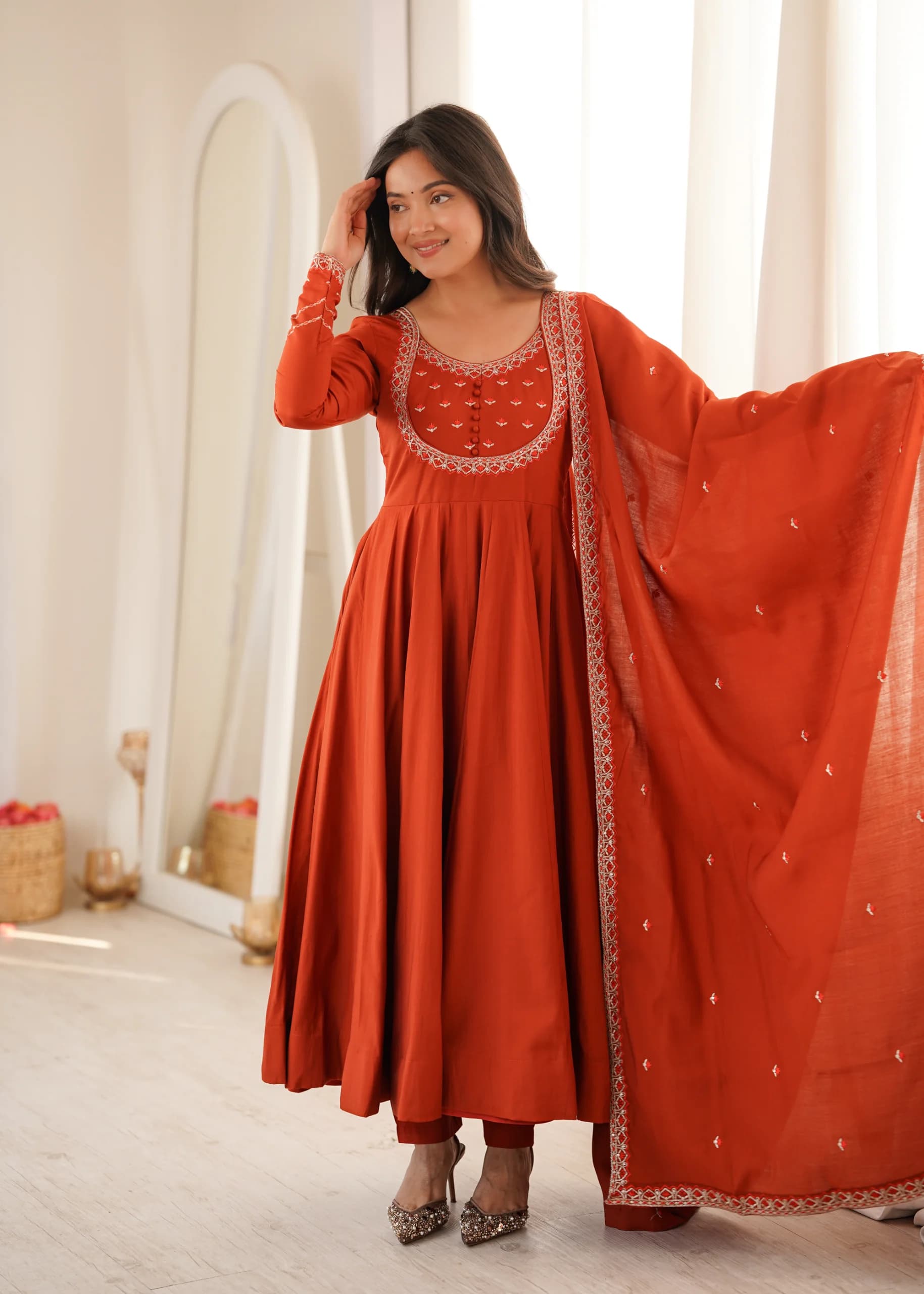 Roman Chanderi Silk Embroidery Anarkali Gown Pant Set With Dupatta