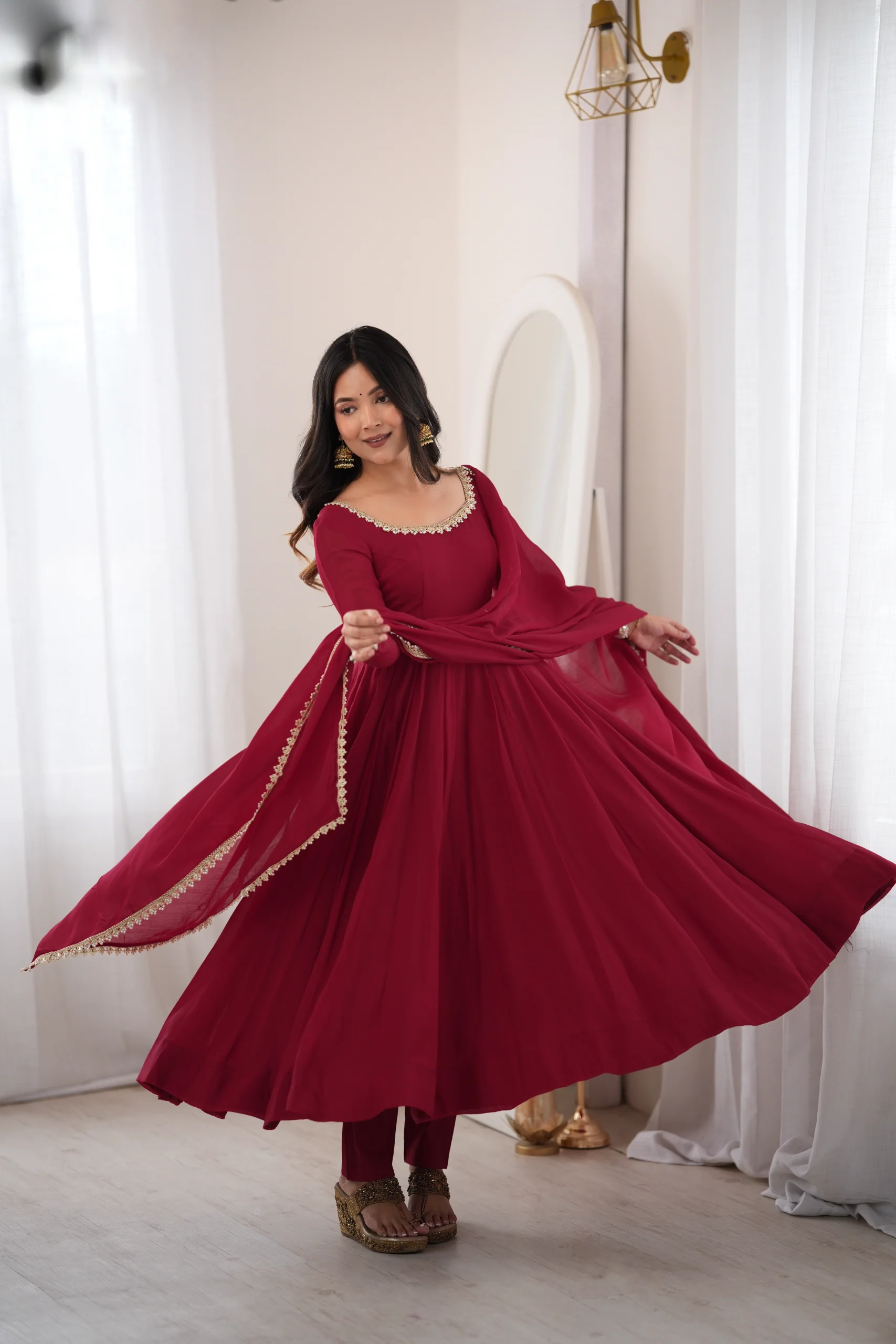 Pure Mal Chanderi Mirror Lace Anarkali Gown Pant Set With Dupatta