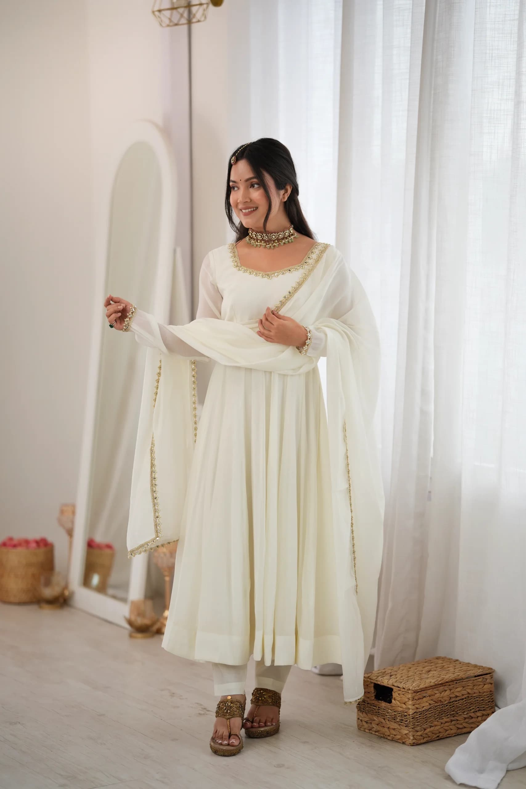 Pure Mal Chanderi Mirror Lace Anarkali Gown Pant Set With Dupatta