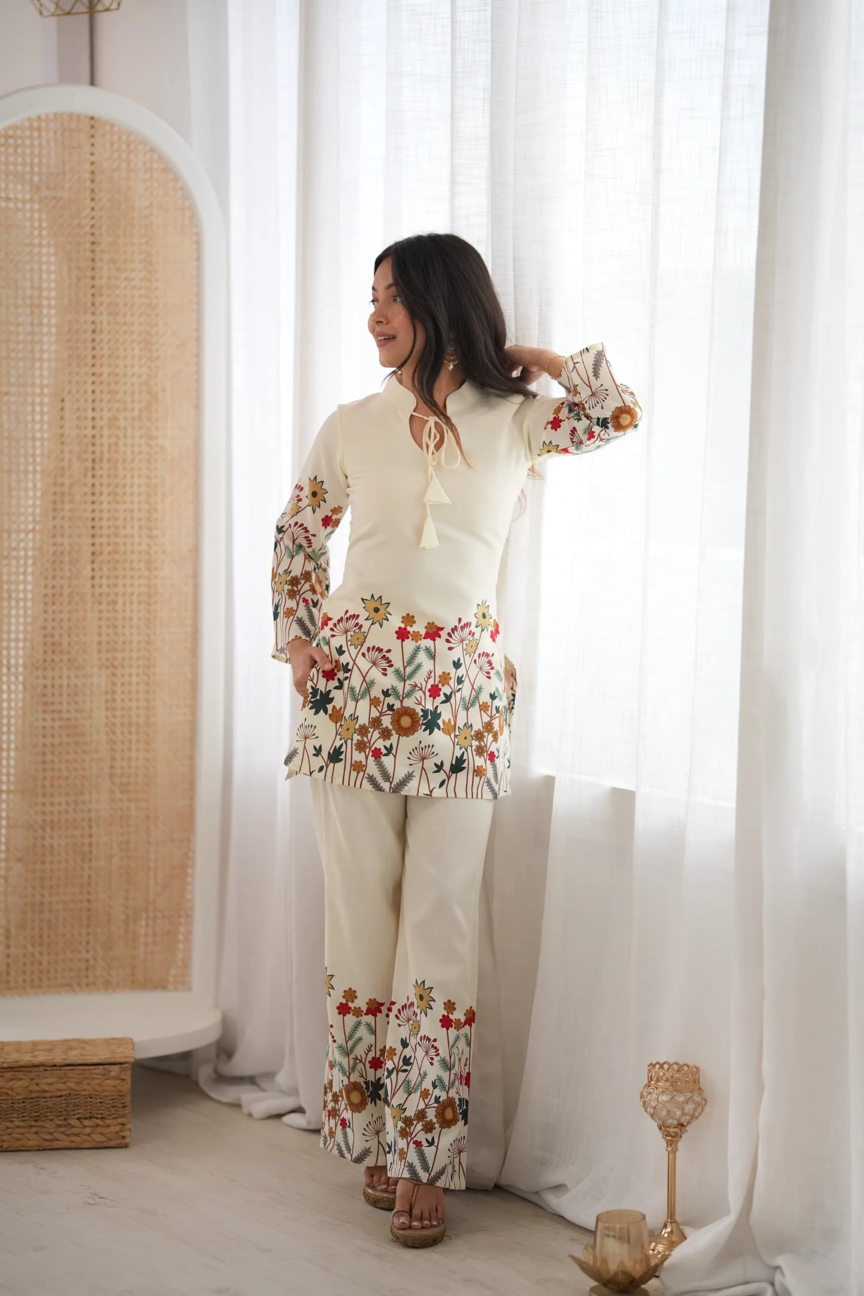 Magic Slub Cotton Floral Printed Kurta Pant Set With Backside Dori