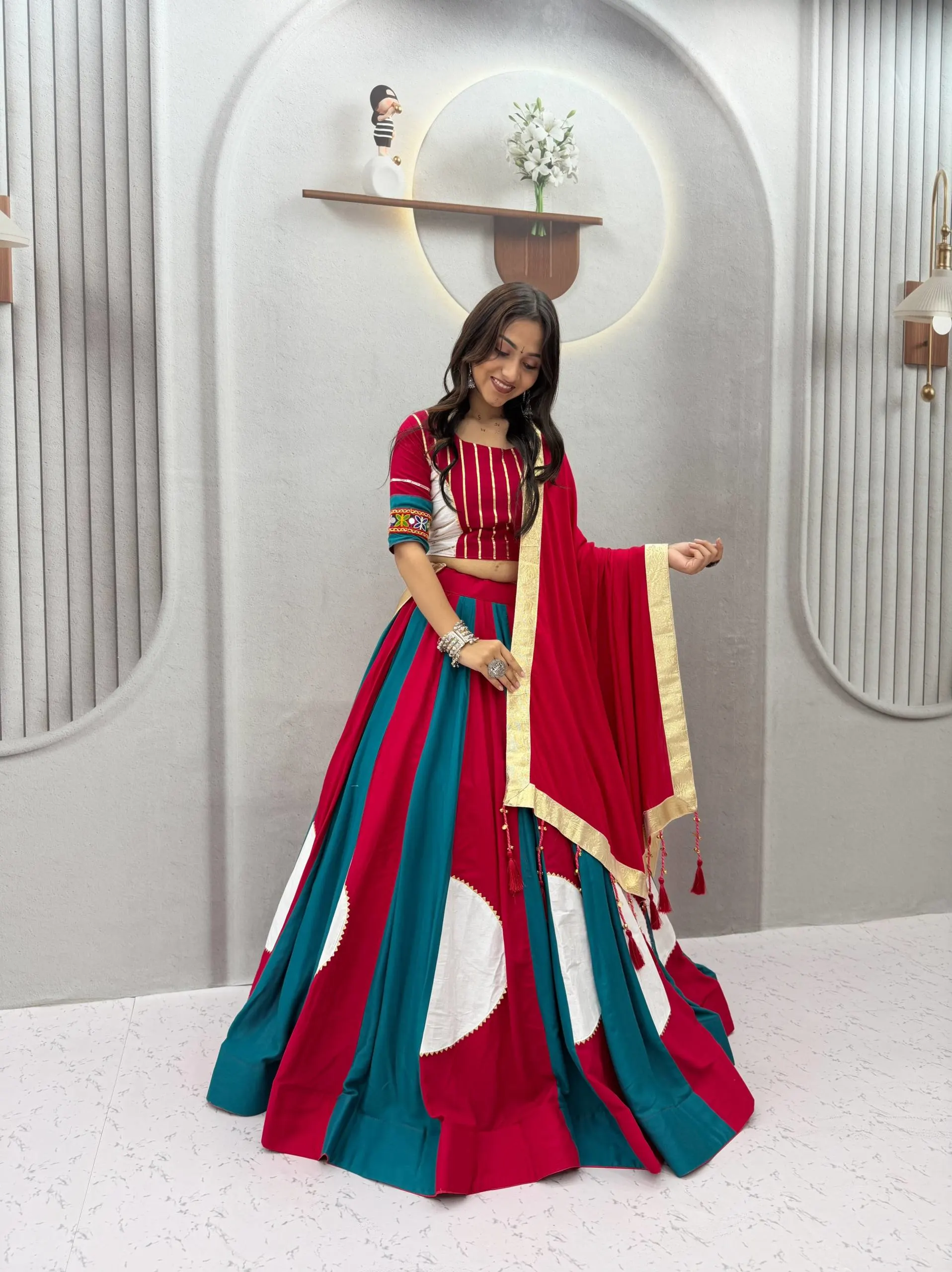 Multi Color Kali Pure Cotton Gamthi Work Lehenga Choli Set With Gota Patti Lace Dupatta