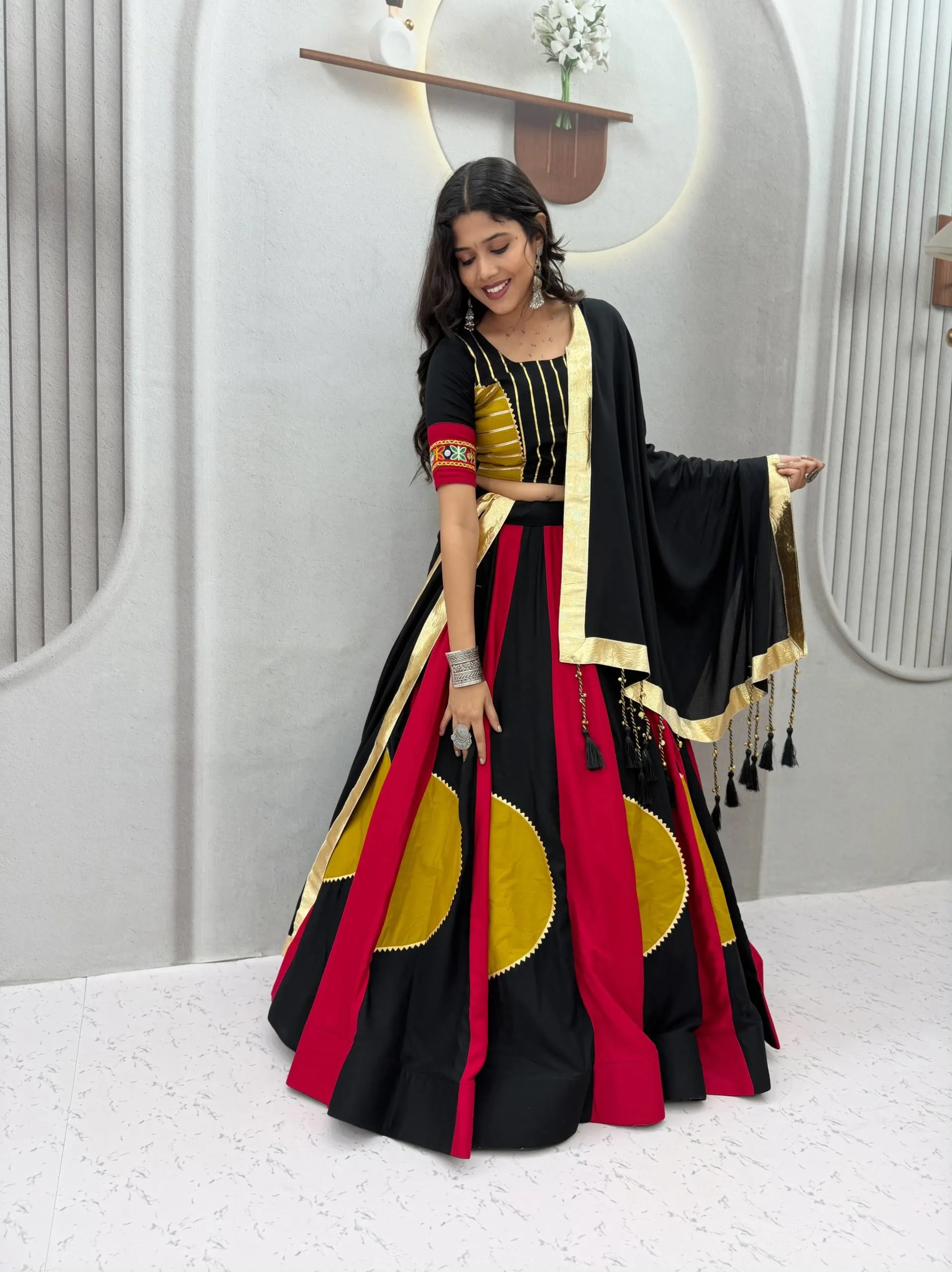 Multi Color Kali Pure Cotton Gamthi Work Lehenga Choli Set With Gota Patti Lace Dupatta