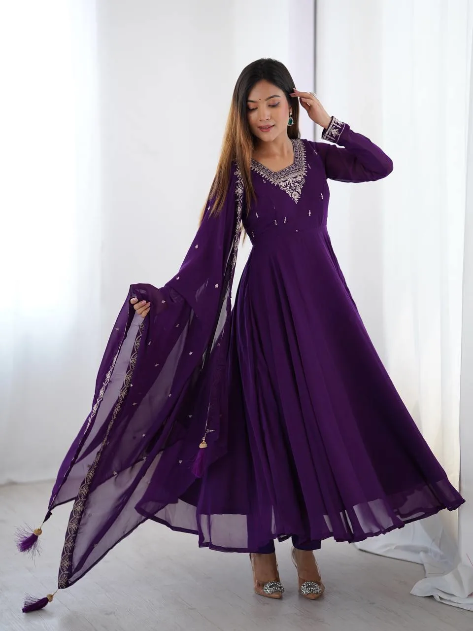 Soft Fox Georgette Fancy Beads Jari Work Anarkali Gown Pant Set With Dupatta