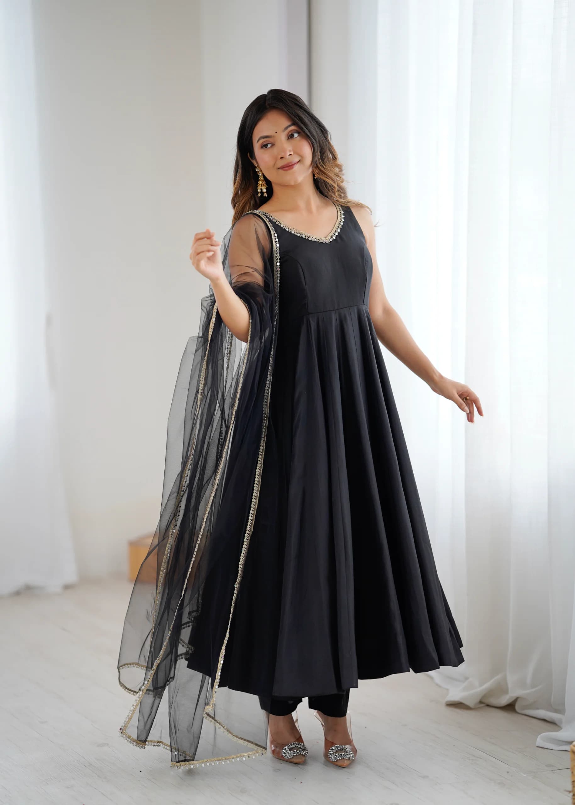 Romansilk Chanderi Anarkali Gown Pant Set With Mirror Lace Soft Net Dupatta