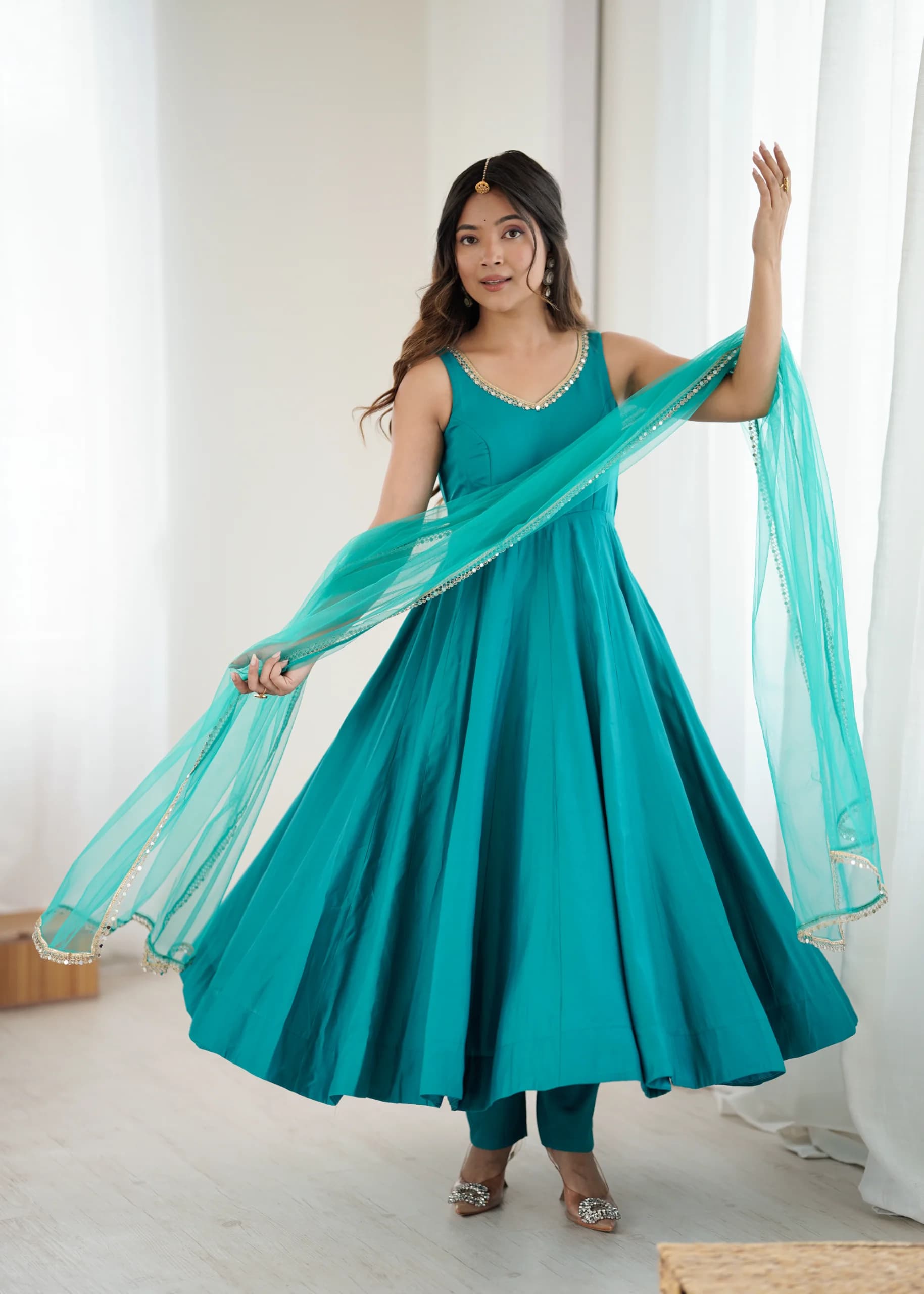 Romansilk Chanderi Anarkali Gown Pant Set With Mirror Lace Soft Net Dupatta