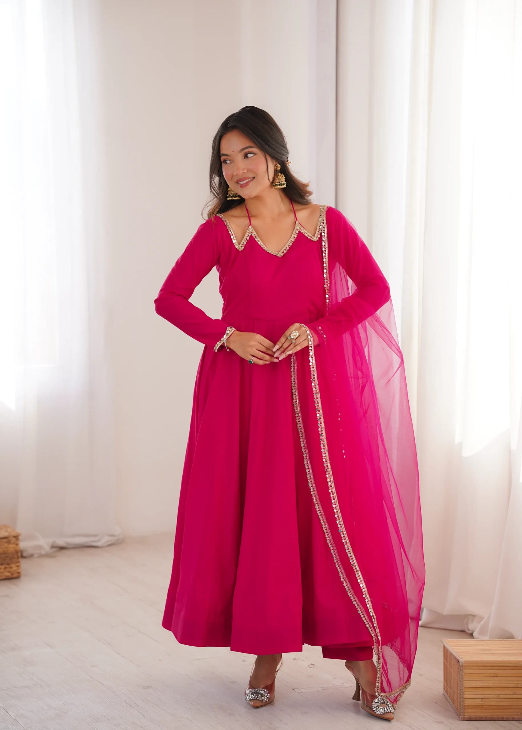 Romansilk Chanderi Anarkali Gown Pant Set With Fancy Mirror Lace Net Dupatta