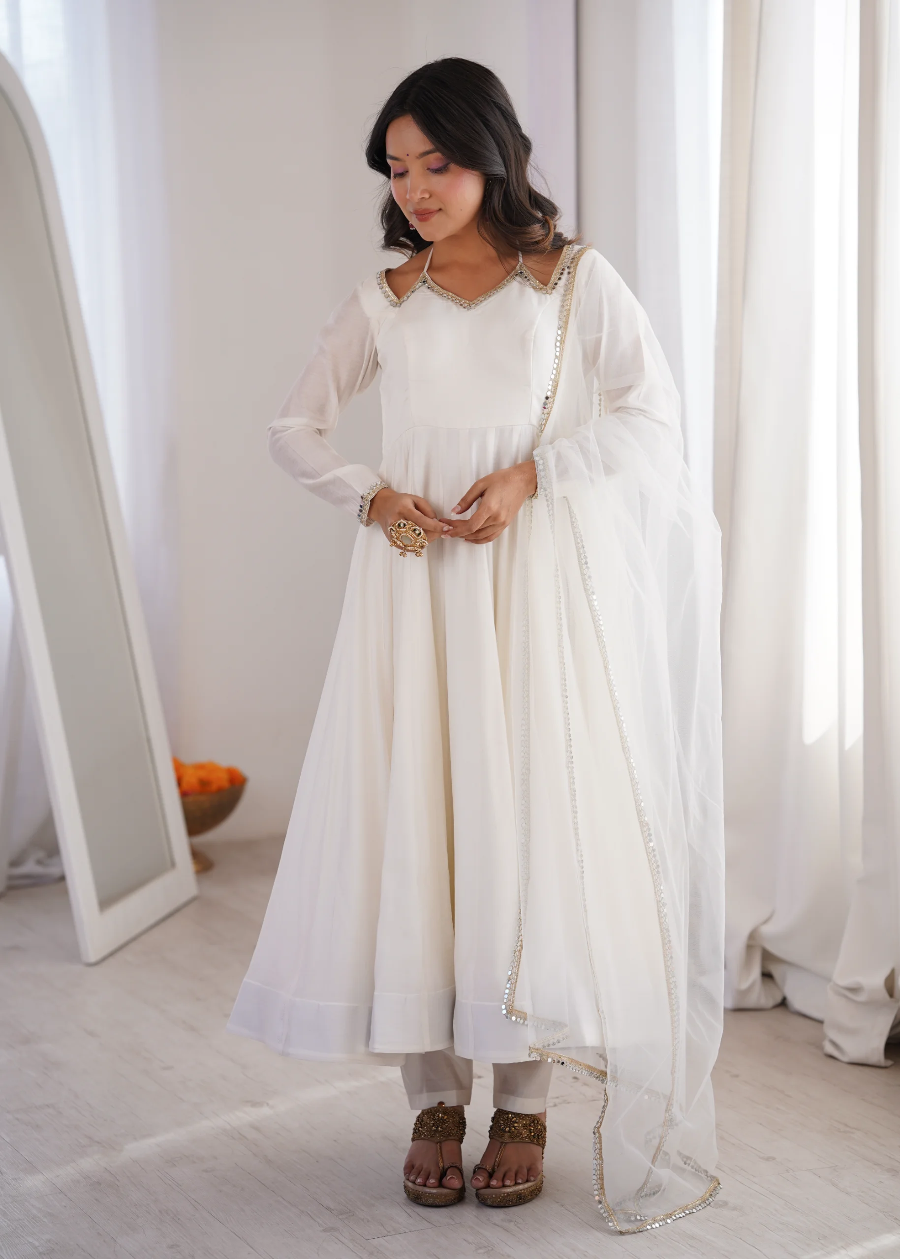 Romansilk Chanderi Anarkali Gown Pant Set With Fancy Mirror Lace Net Dupatta