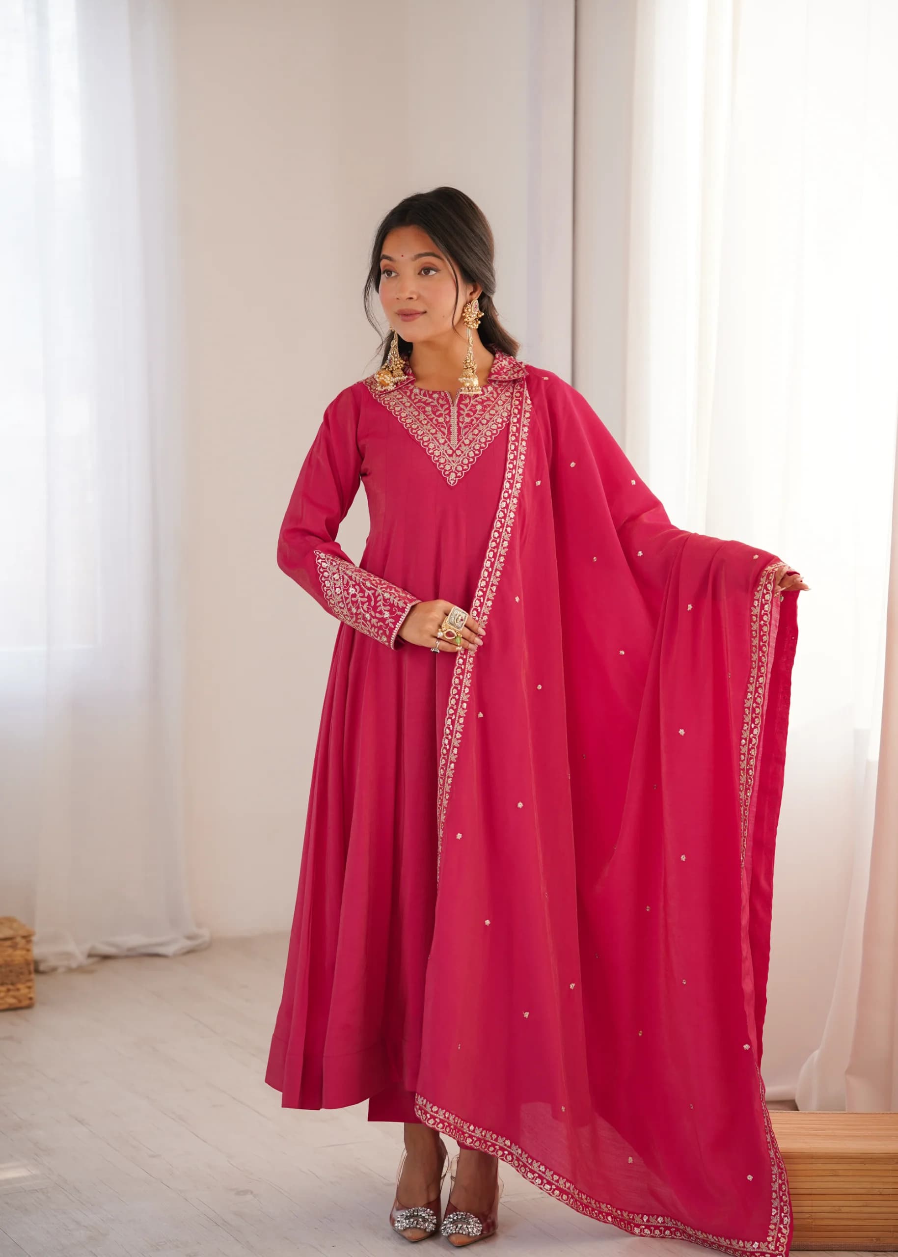 Roman Shimmer Silk Embroidery Anarkali Gown Pant Set With Fancy Dupatta