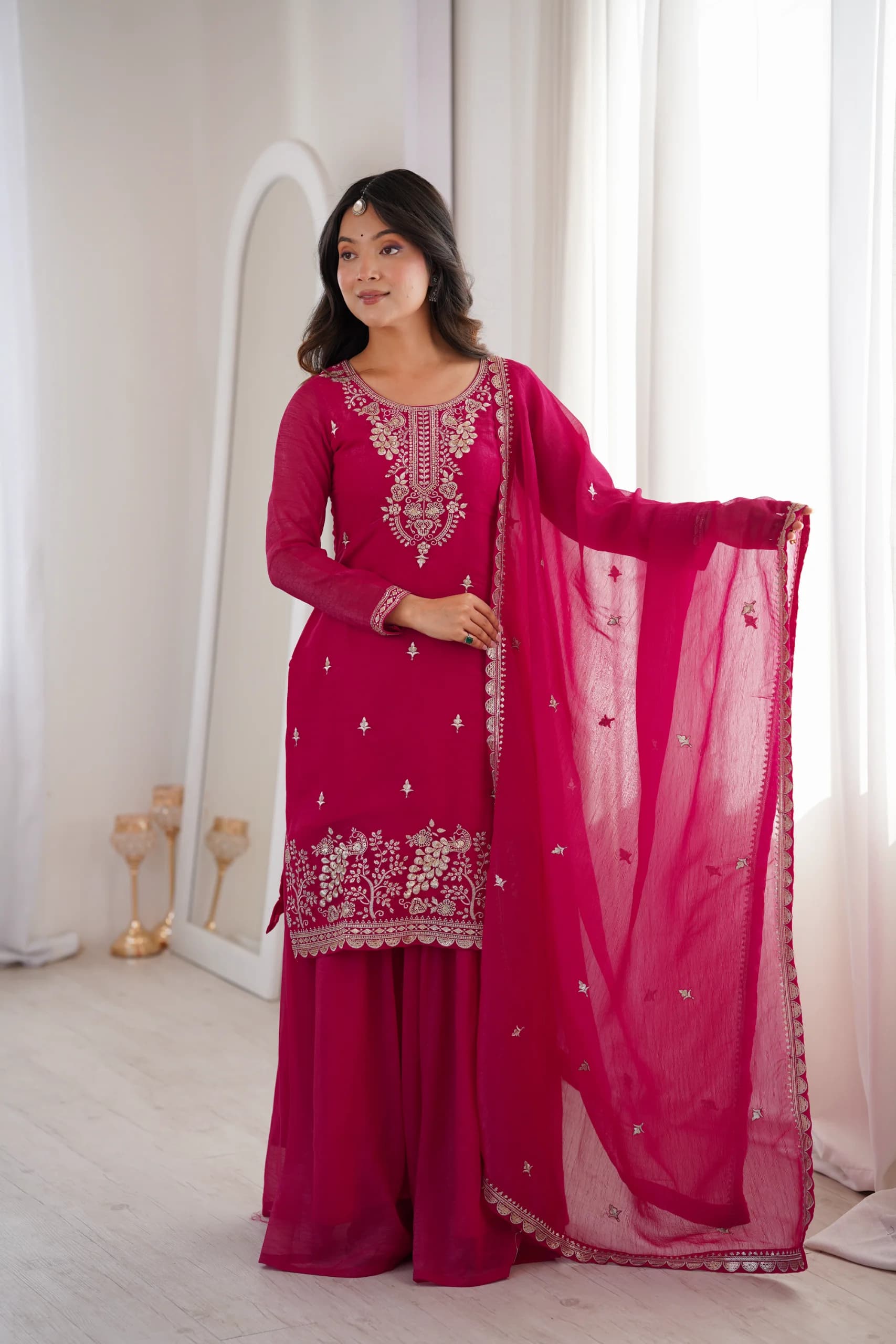 Crunchy Silk Embroidery Sequence Jari Work Kurta Sharara Set With Dupatta