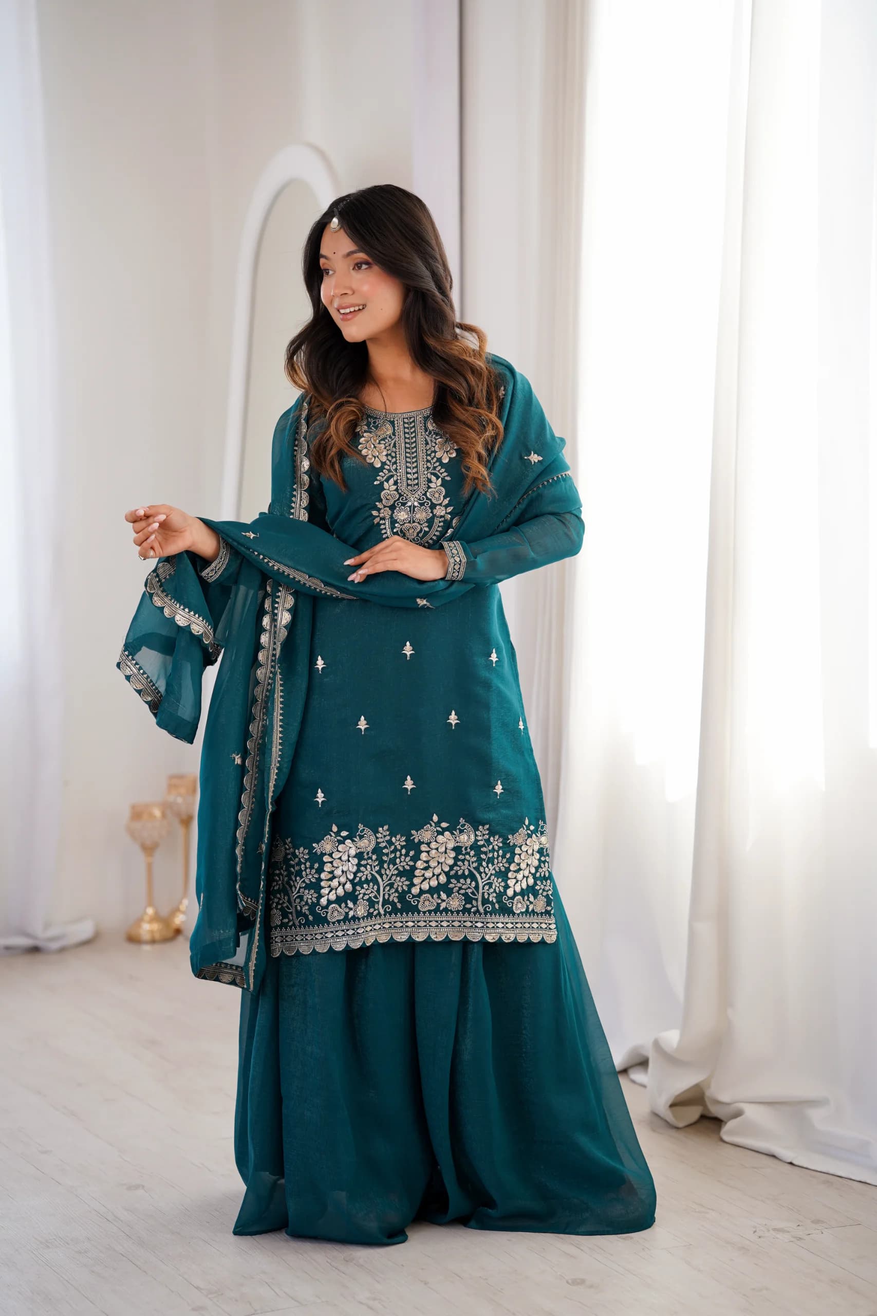 Crunchy Silk Embroidery Sequence Jari Work Kurta Sharara Set With Dupatta