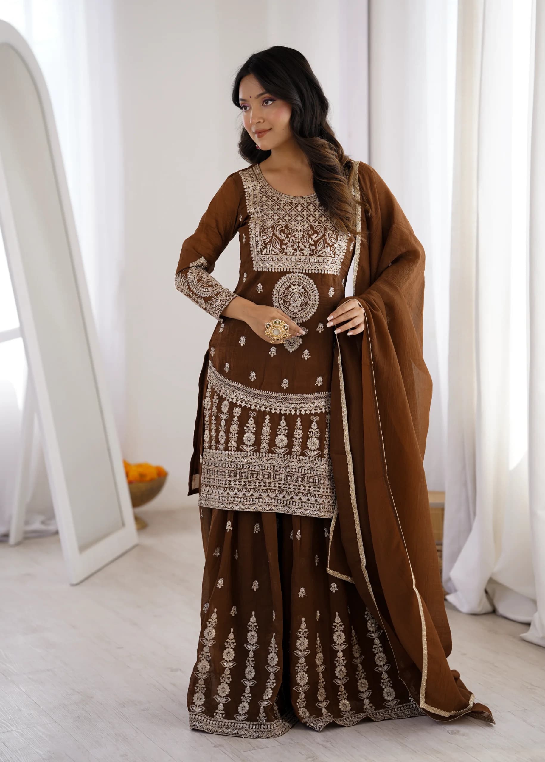 Crunchy Silk Fancy Embroidery Dori Jari Work Kurta Sharara Set With Dupatta