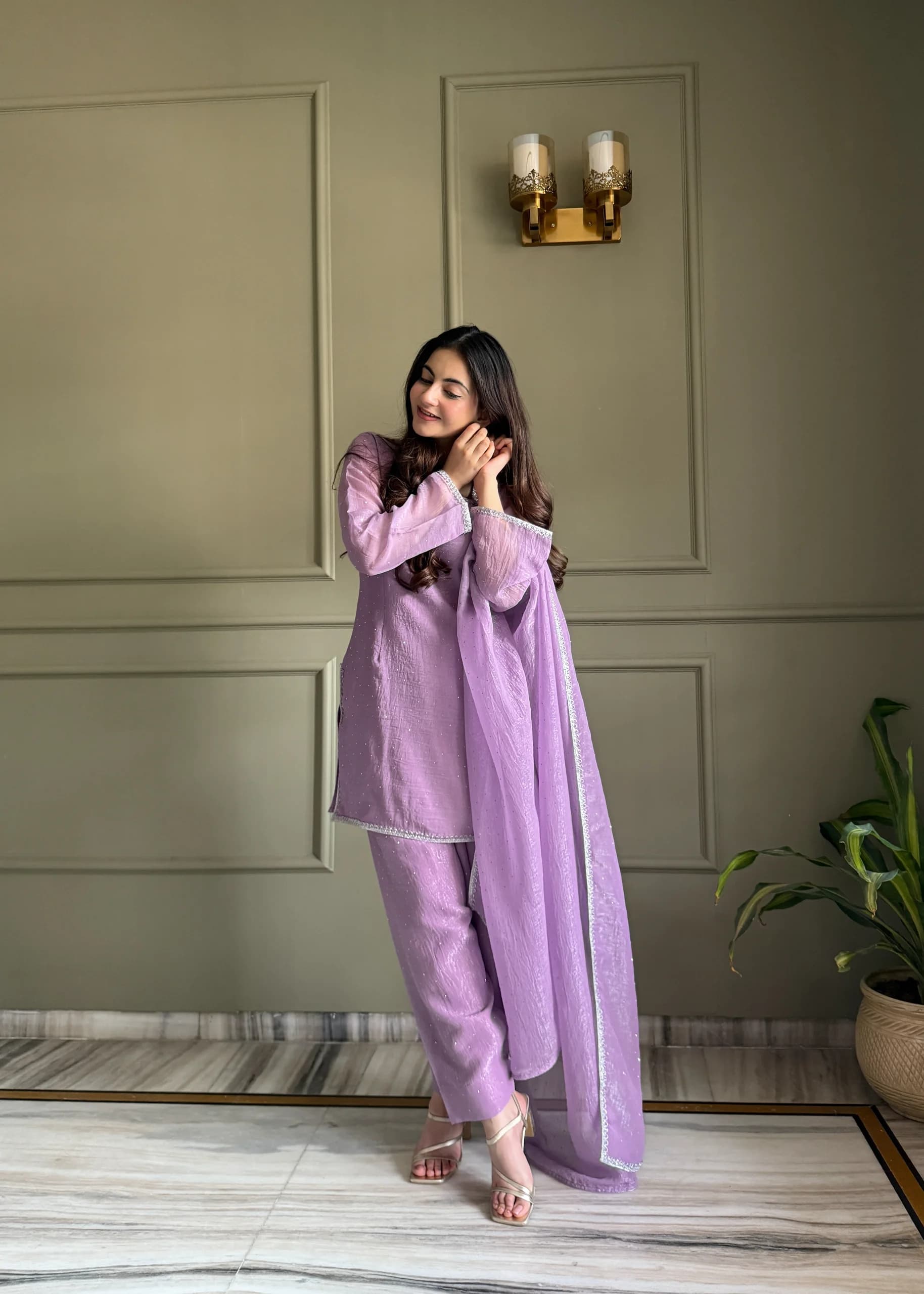 Crunchy Silk Siroski Work Kurta Salwar Suit Set With Fancy Lace Dupatta