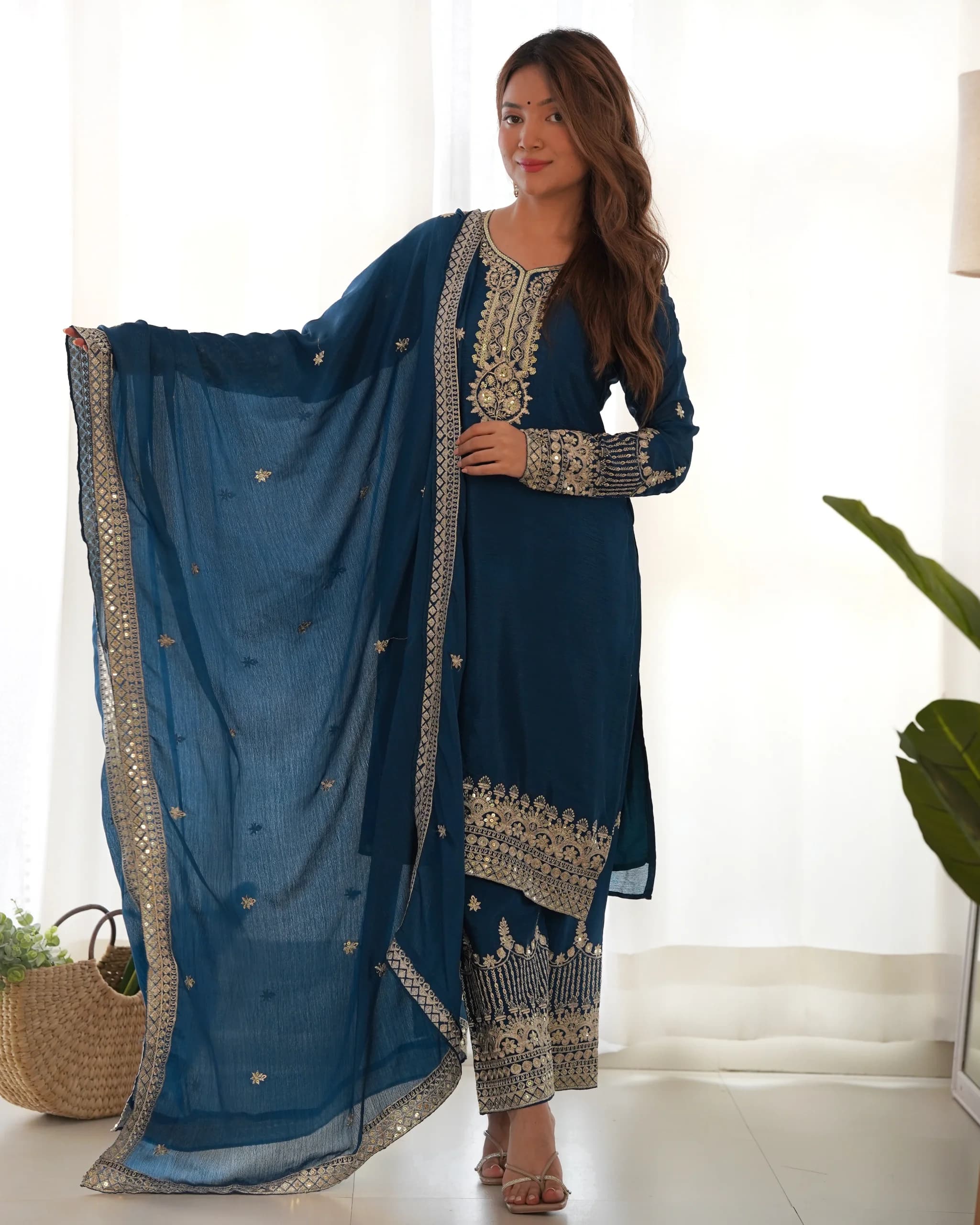 Pure Chinon Silk Embroidery Sequence Jari Work Kurta Pant Set With Dupatta