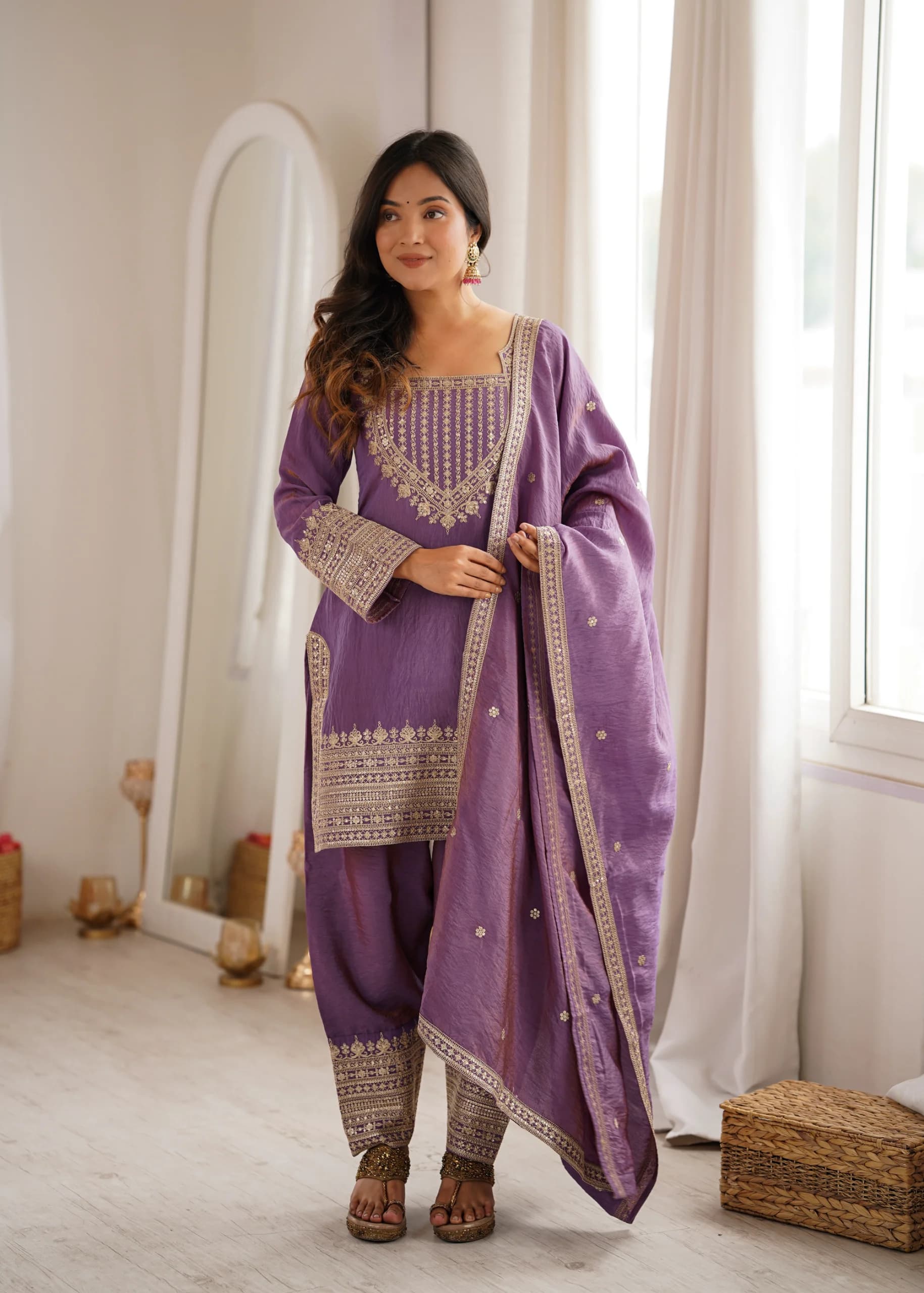 NC Vichitra Silk Embroidery Sequence Dori Jari Work Kurta Farshi Shalwar Set With Dupatta