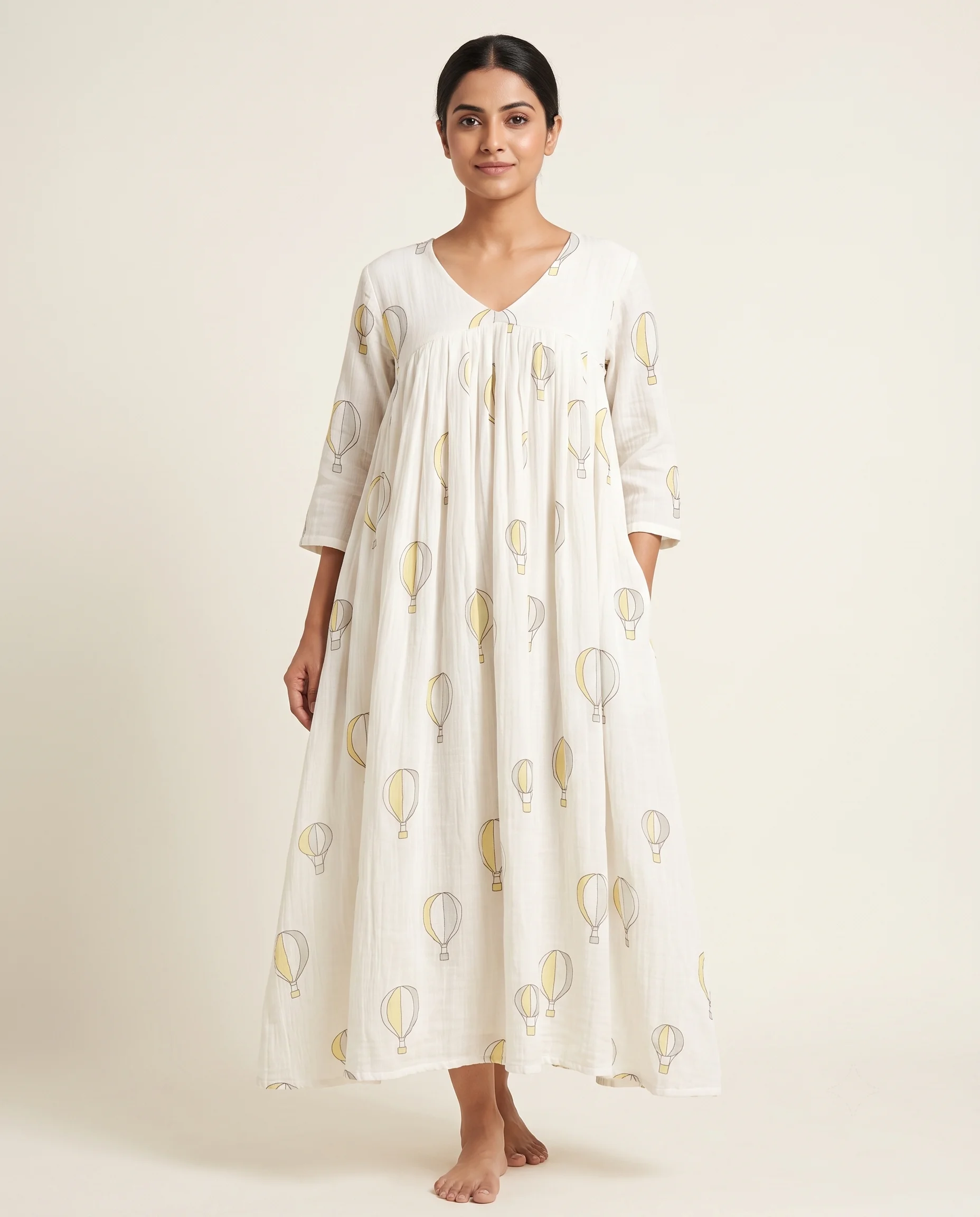 Pure Muslin Cotton Hot Air Balloon Printed One Piece Dress With Side Pockets