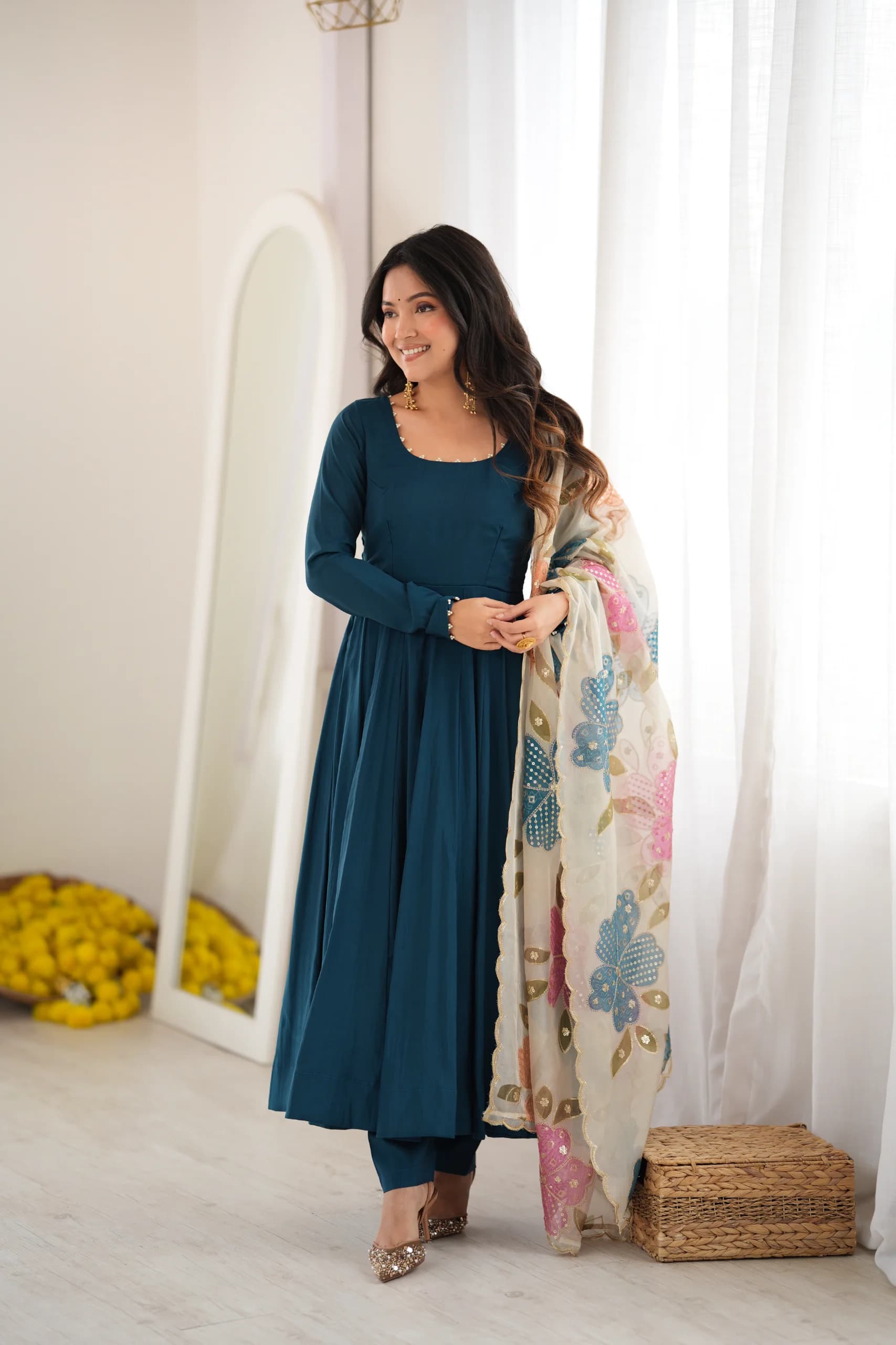 Romansilk 16 Kali Anarkali Gown Pant Set With Tabby Organza Position Print Dupatta