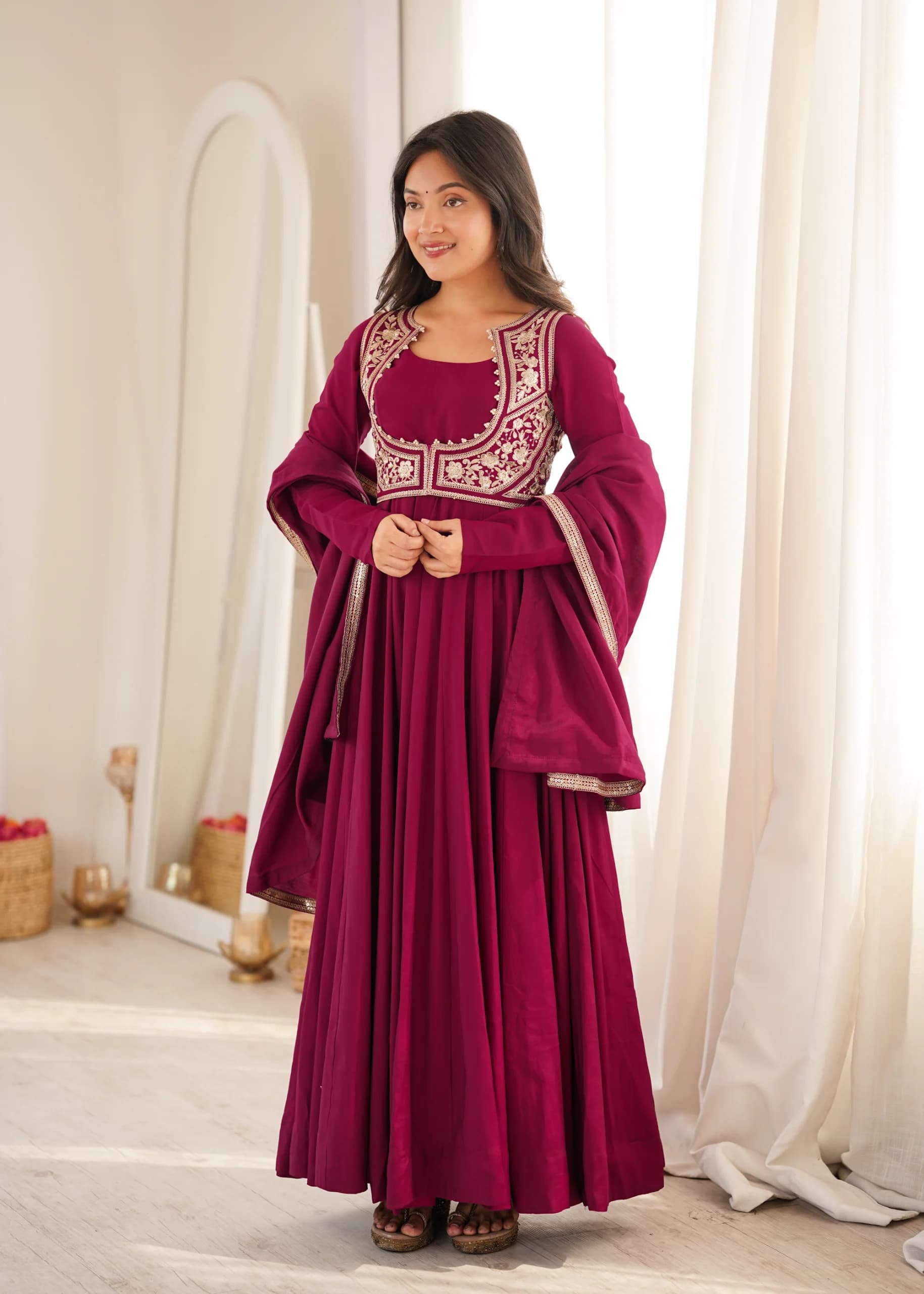 Romansilk Chanderi 16 Kali Anarkali Gown Pant Set With Embroidered Jacket And Dupatta