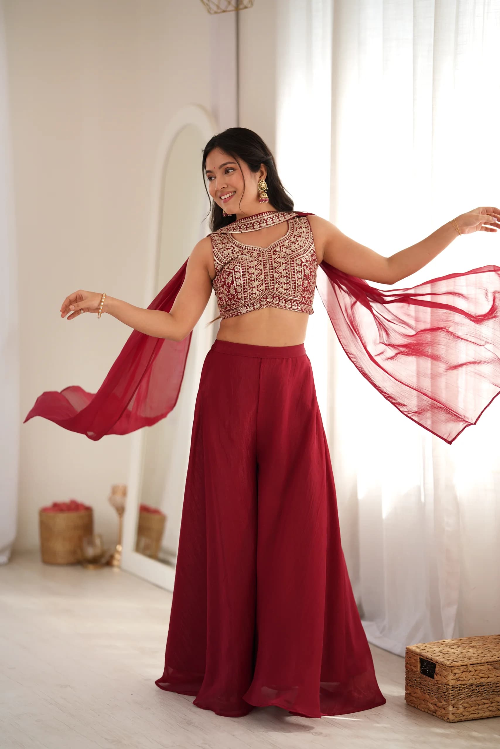 Crunchy Silk Embroidery Sequence Work Crop Top Palazzo Set With Attached Neck Belt Dupatta