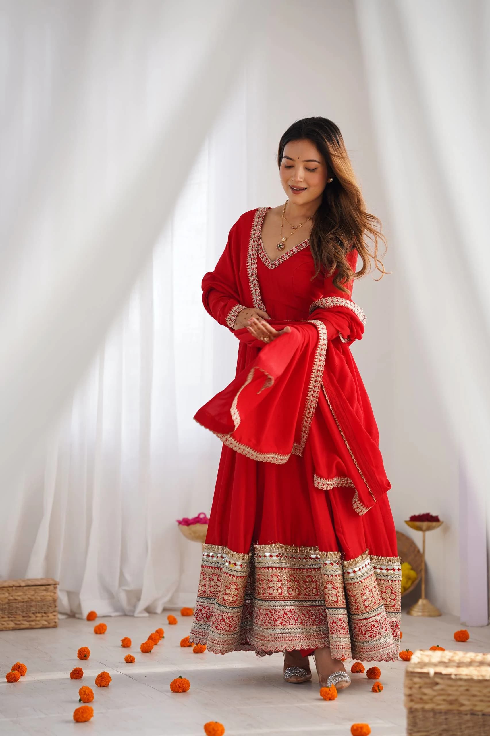 Blooming Vichitra Silk Sequence Dori Work Anarkali Gown Pant Set With Real Mirror Lace