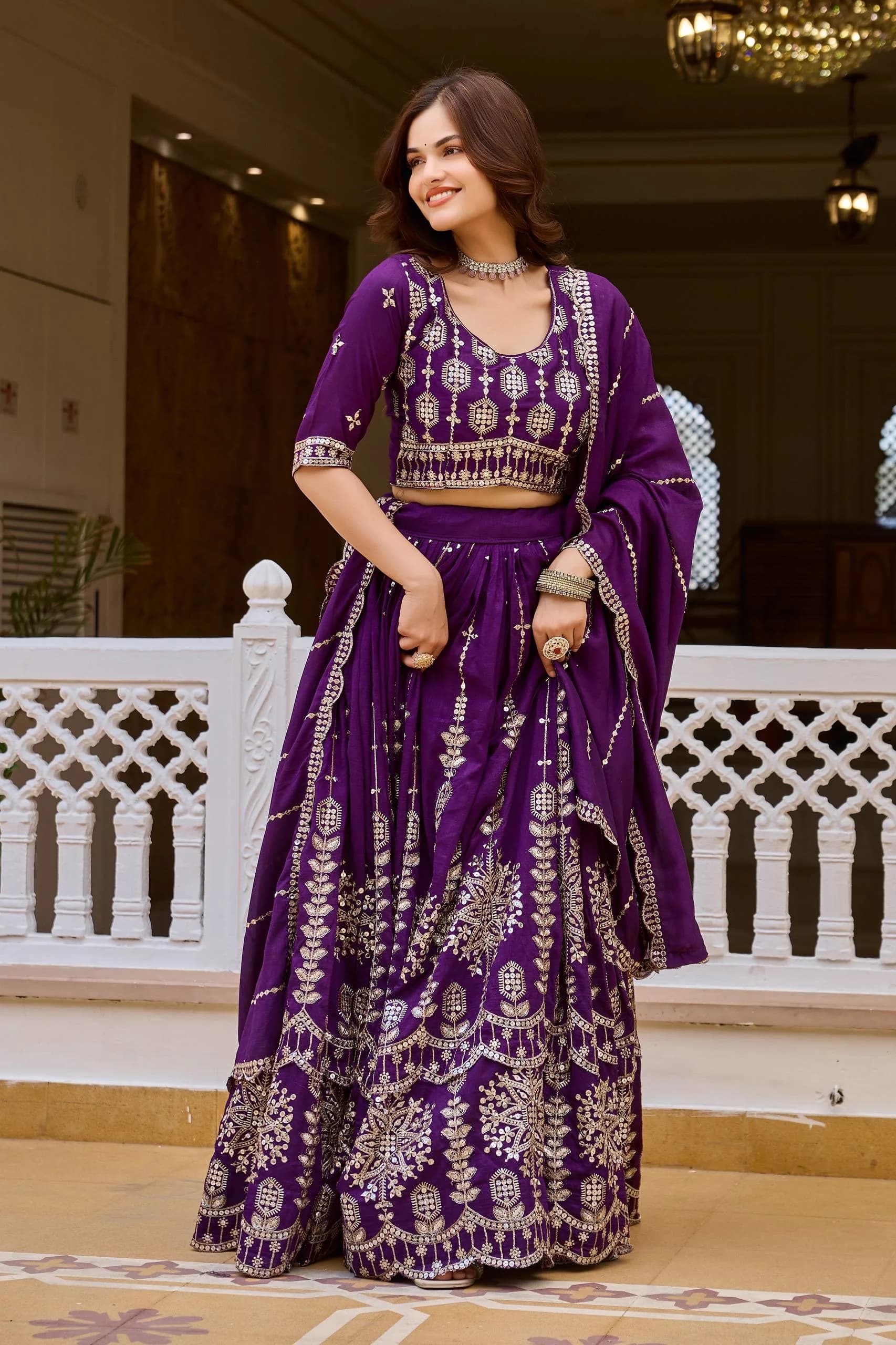 Pure Vichitra Silk Embroidery 7mm Sequence Work Lehenga Choli Set With Dupatta