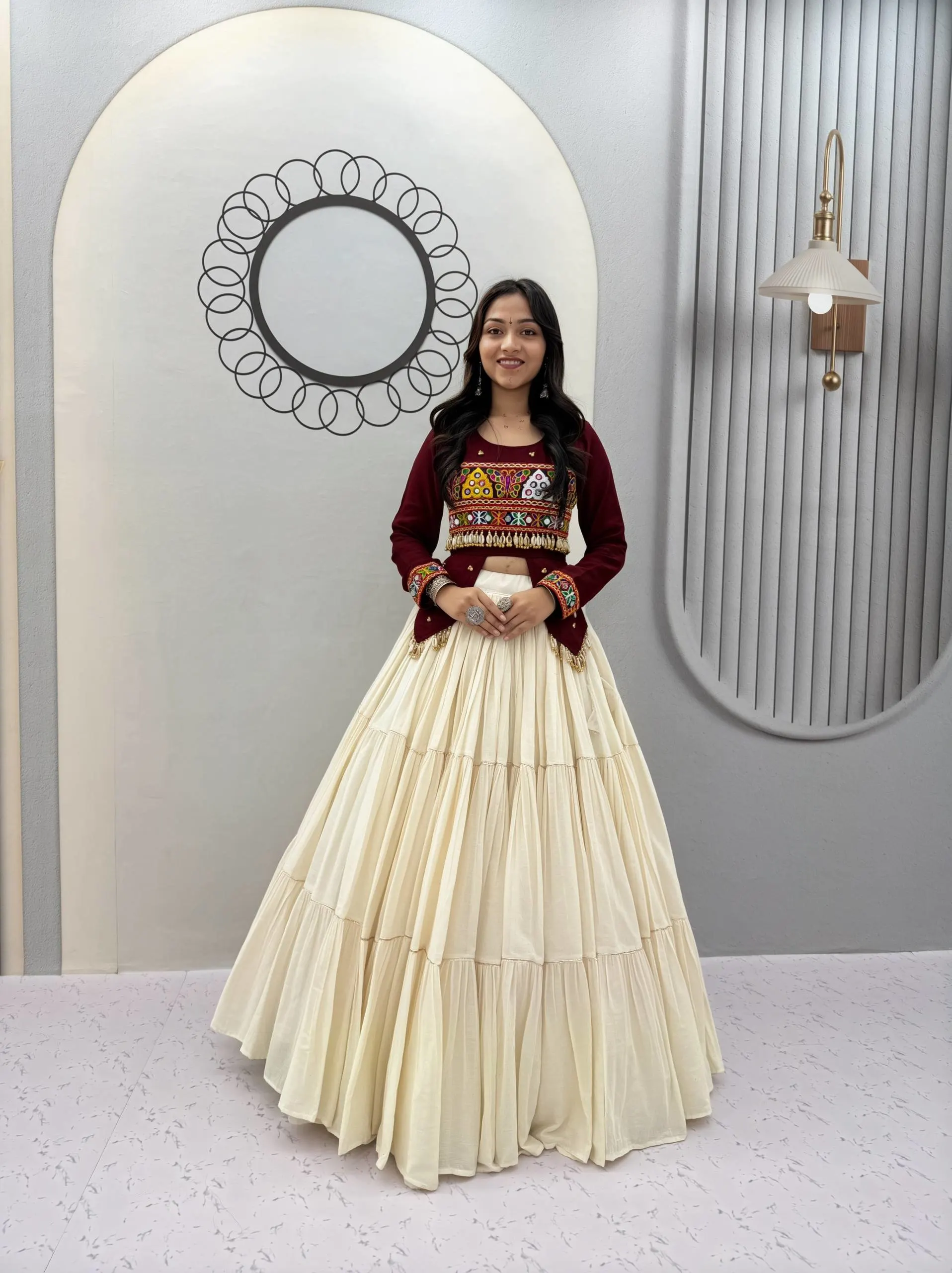 Pure Cotton Gamthi Real Kodi Work Top With Tiered Kora Cotton Lehenga Set