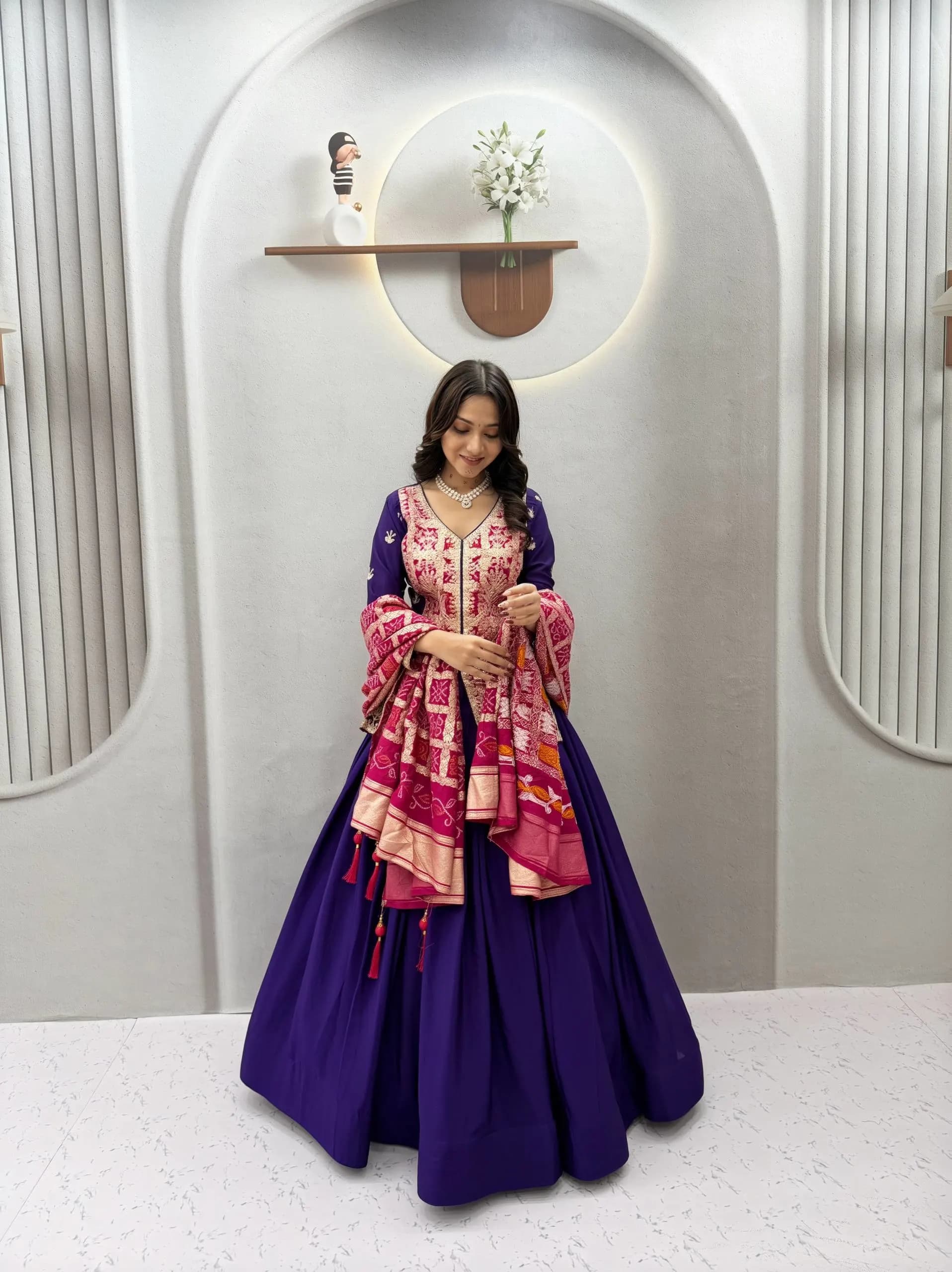 Pure Chinon Silk Cording Sequence Work Kurti Lehenga Set With Jacquard Dupatta