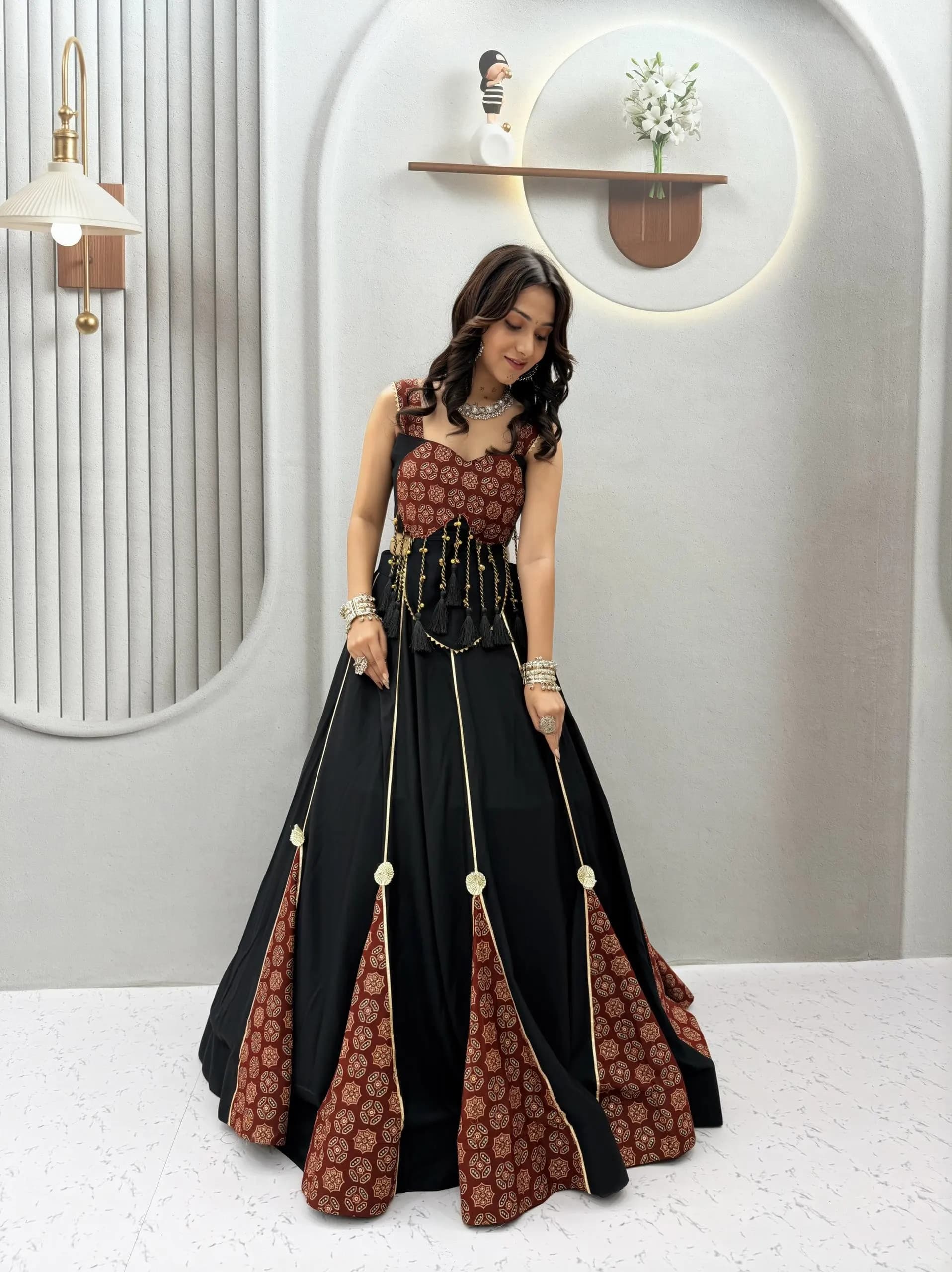 Pure Cotton Ajrakh Print Hand Latkan Work Top With Ribbon Work Lehenga Set