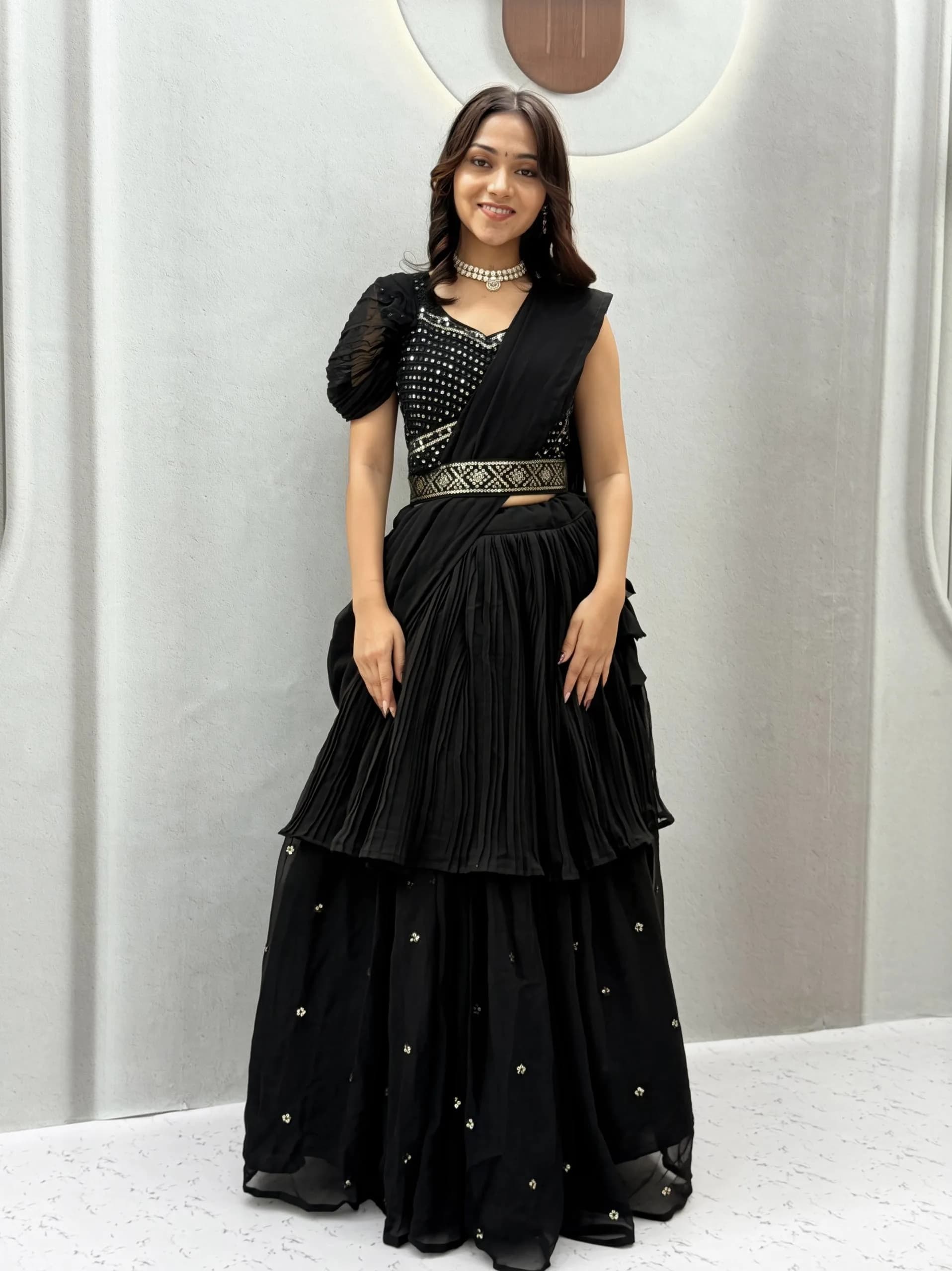 Fox Georgette Hand Mirror Sequence Work Lehenga Choli Set With Attached Dupatta